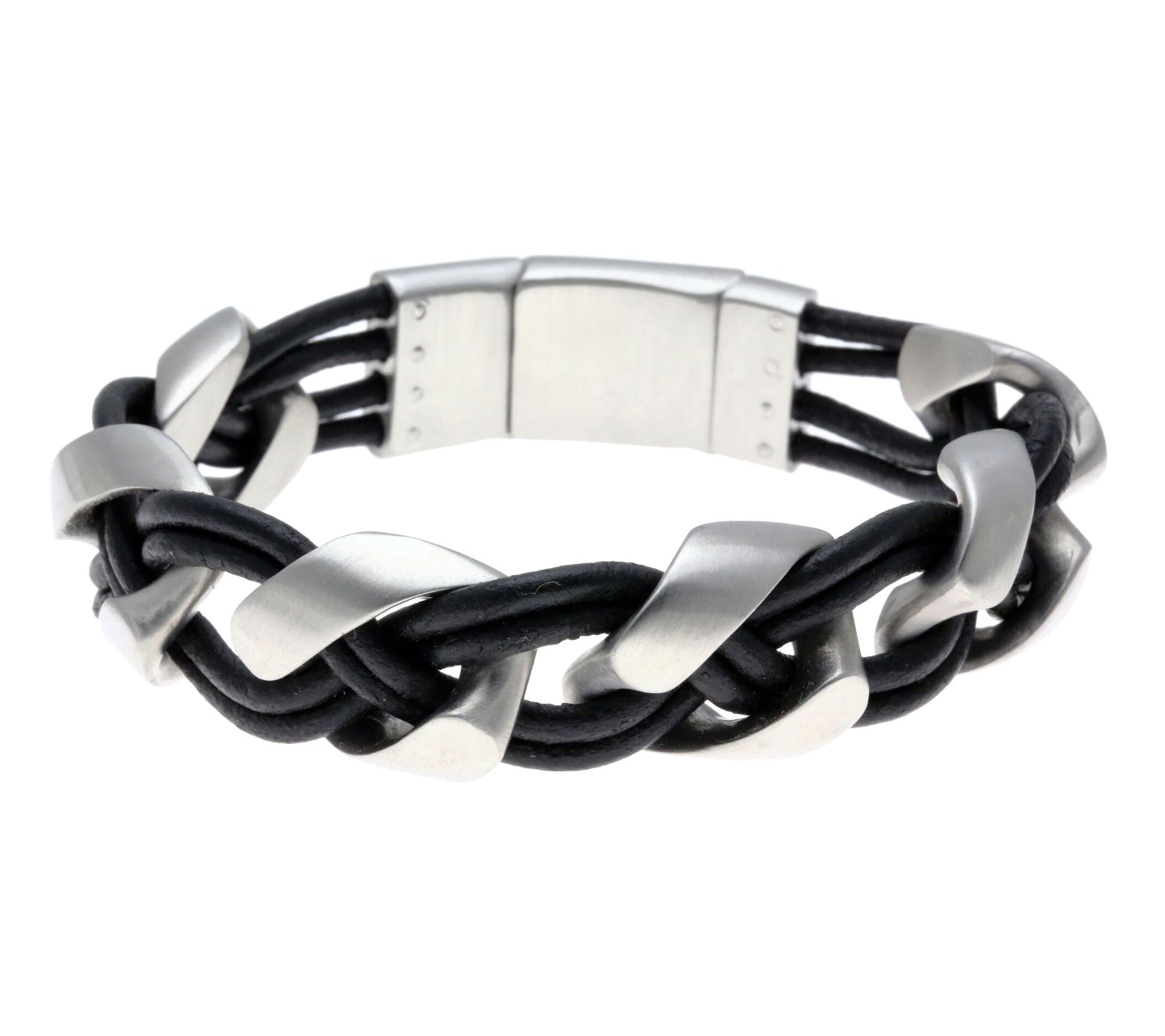 LYNX Men's Stainless Steel Black Braided Leather Bracelet