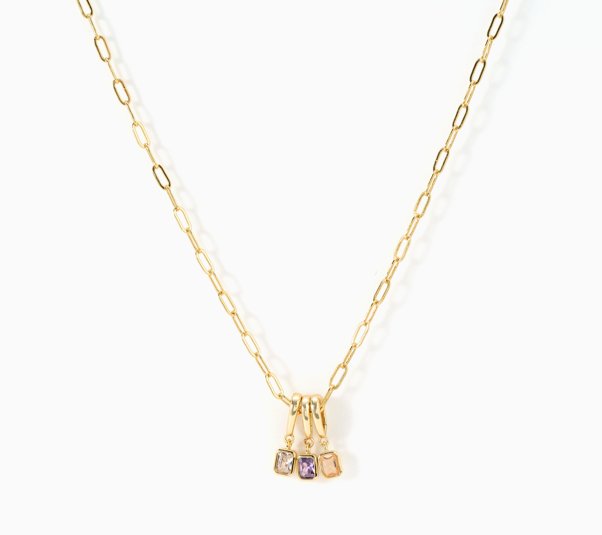  Diamonique Triple Charm Paper Clip Necklace, Brass