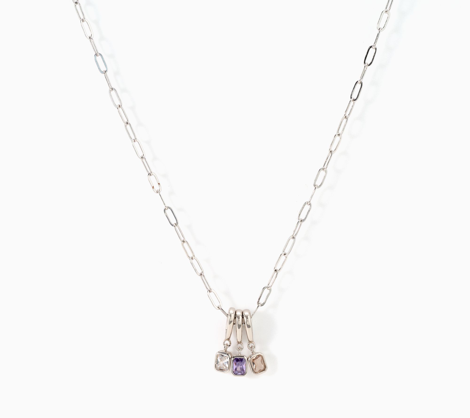 Diamonique Triple Charm Paper Clip Necklace, Brass