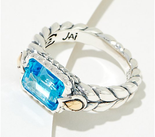 JAI Sterling Silver & 14K Emerald Cut Gemstone Ring