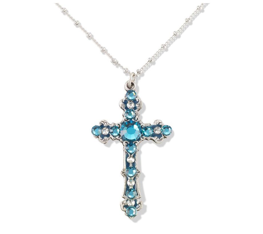 Anne Koplik Sparkling Teal Crystal Cross Pendant w/ Chain