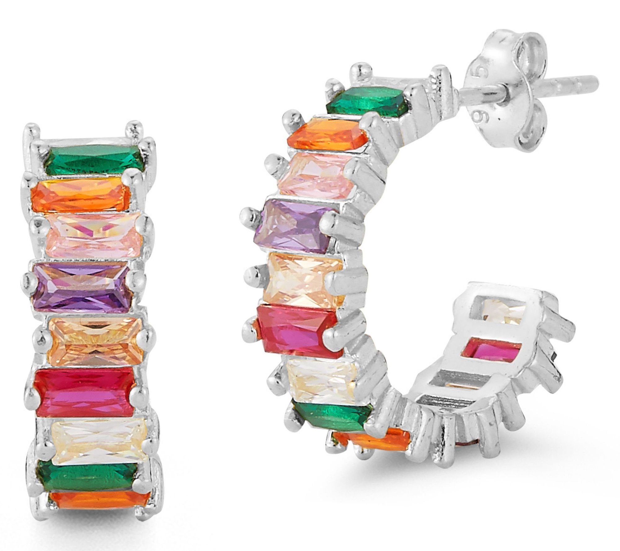 Sterlina Silver 5/8" Rainbow Baguette Hoop Earrings, Sterling