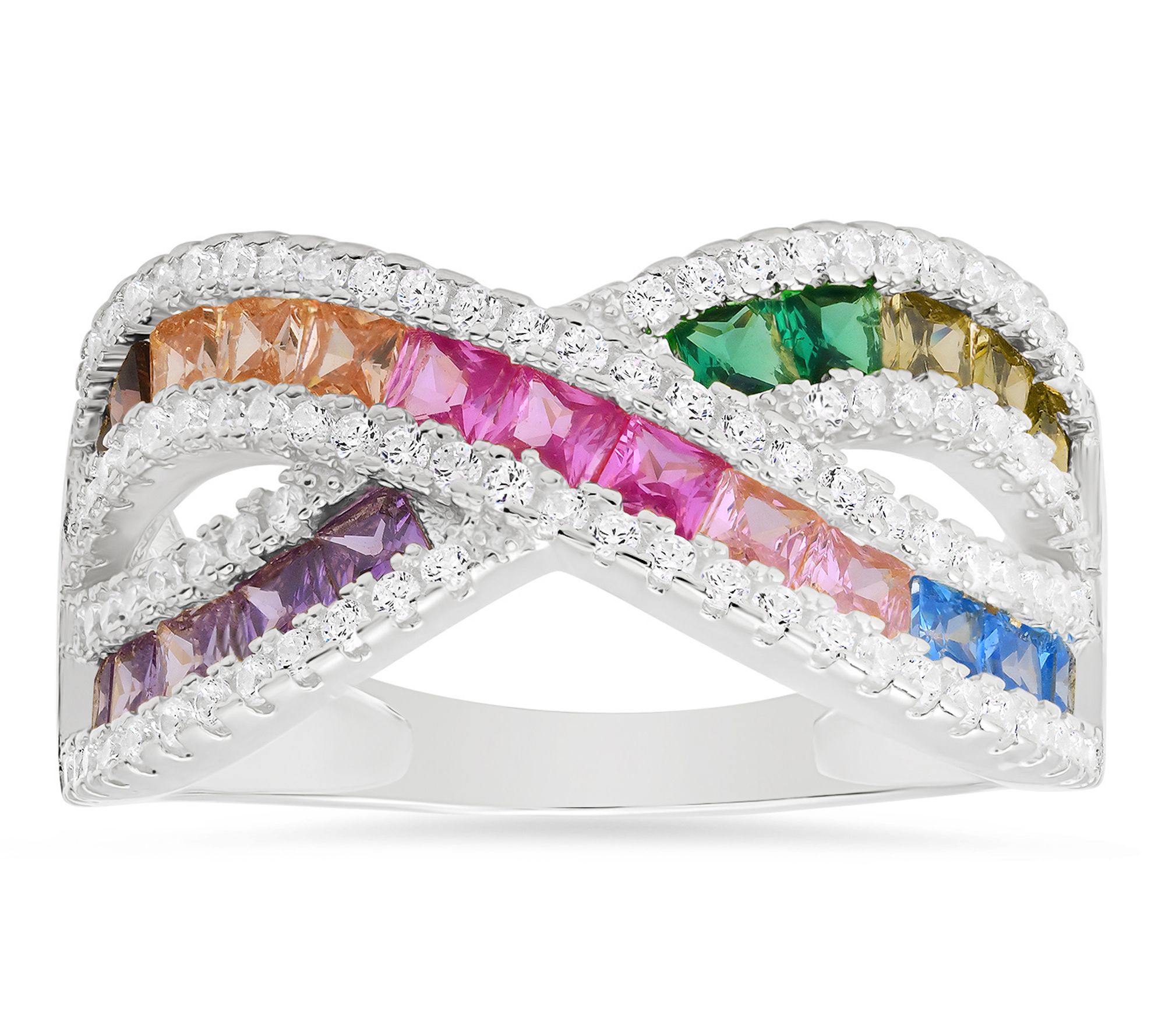 Diamonique Multi-Color Crossover Highway Ring,Sterling Silver