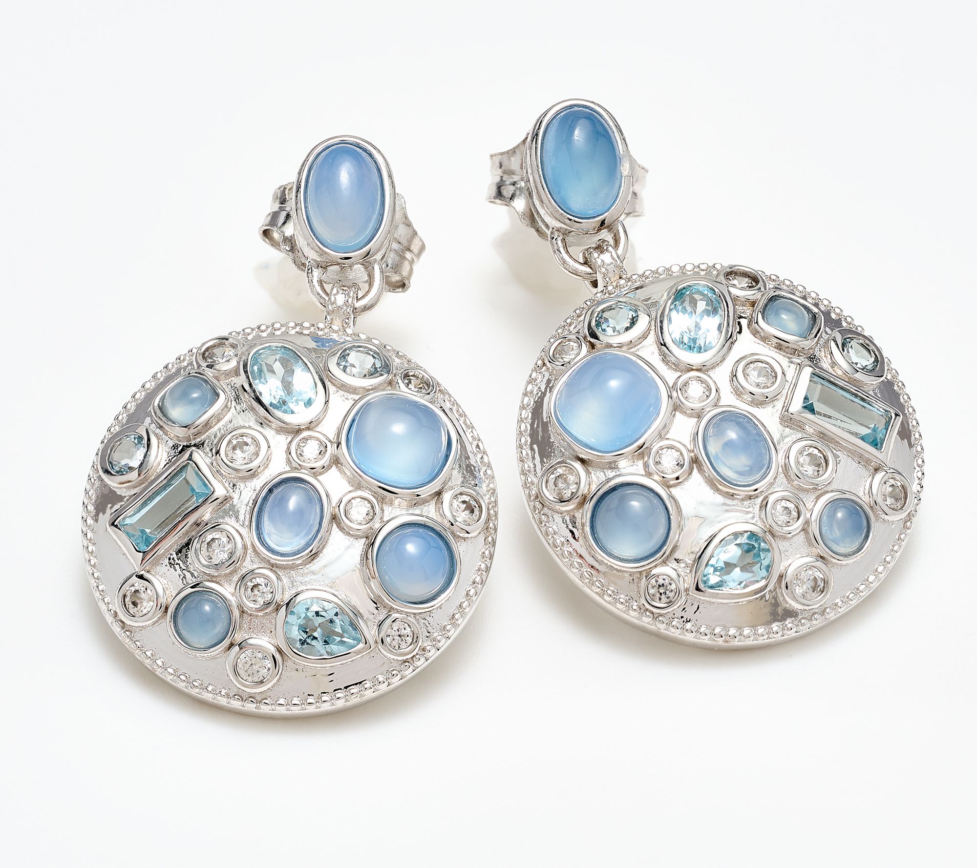 Affinity Gems Cluster Dangle Blue Chalcedony Disc Earring, Sterling