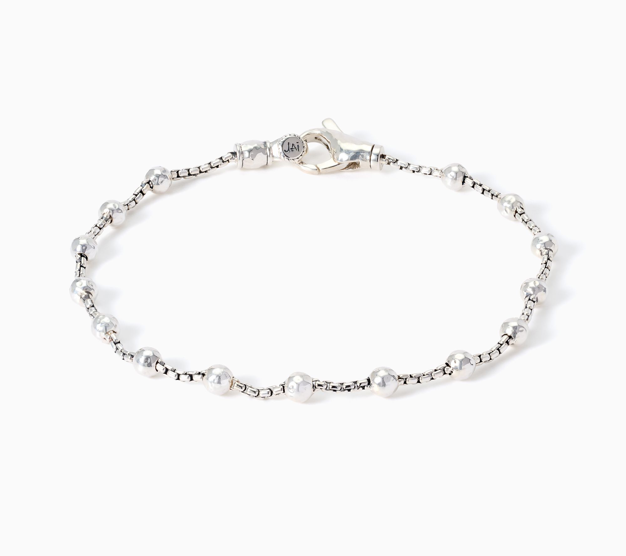 JAI Sterling Silver Baby Box Chain Hammered Bead Bracelet
