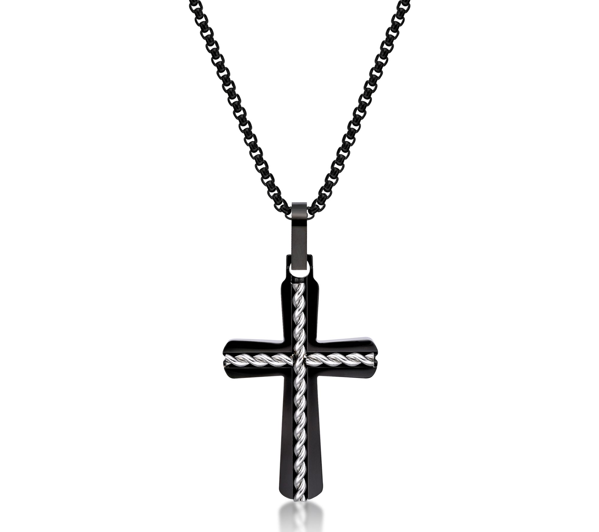 LYNX Men's Stainless Black IP Braided Cross Pendant w/ Chain