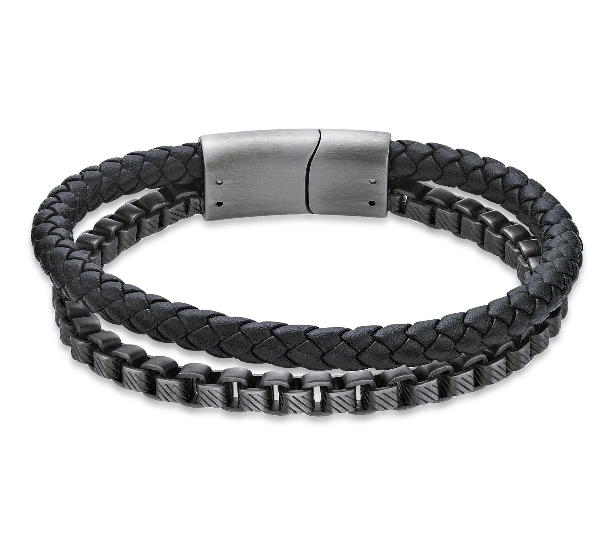 LYNX Men's Stainless Steel Box Chain Black Leather Bracelet