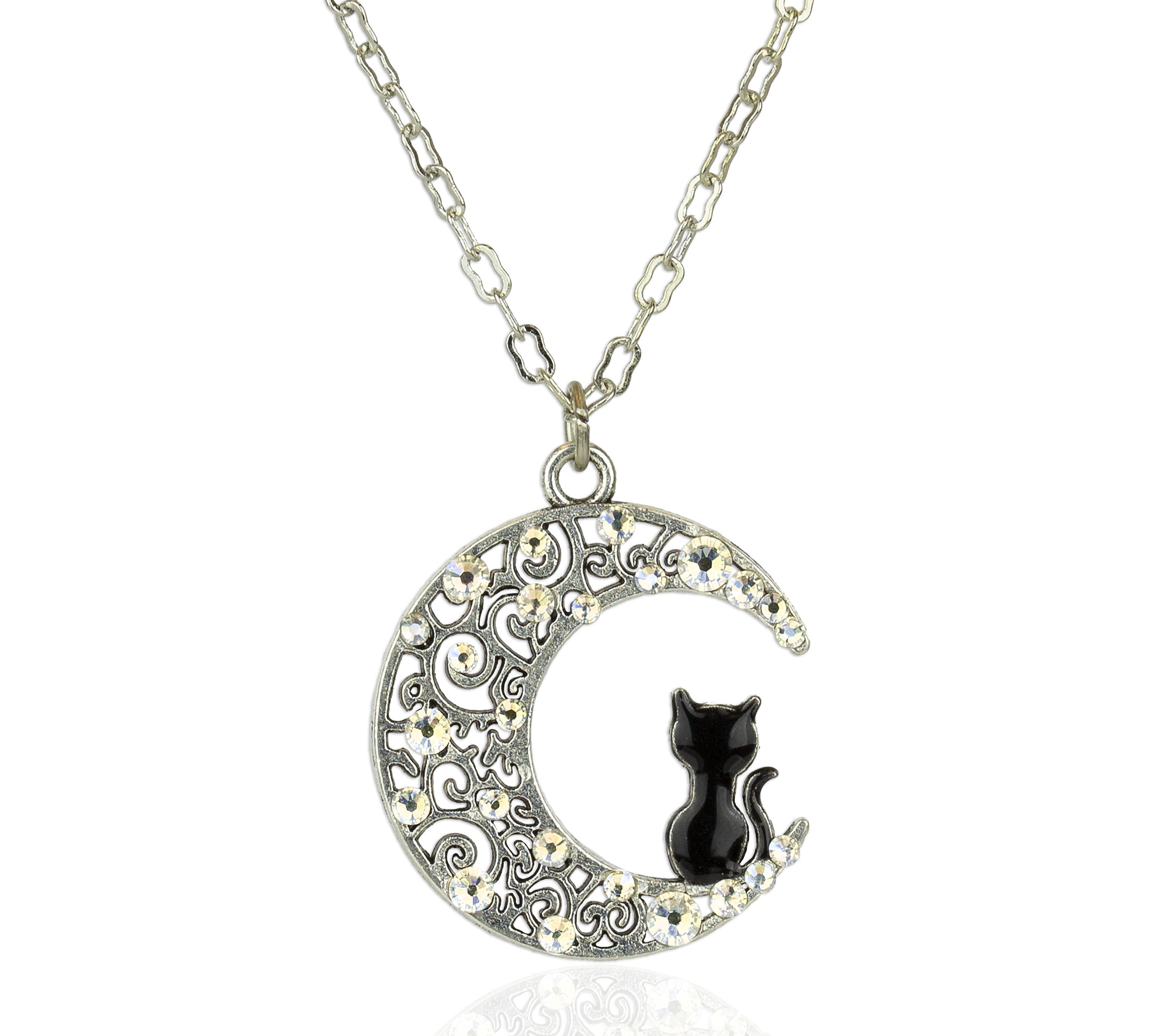 Anne Koplik Crystal Black Cat & Crescent Moon Pendant w/ Chain