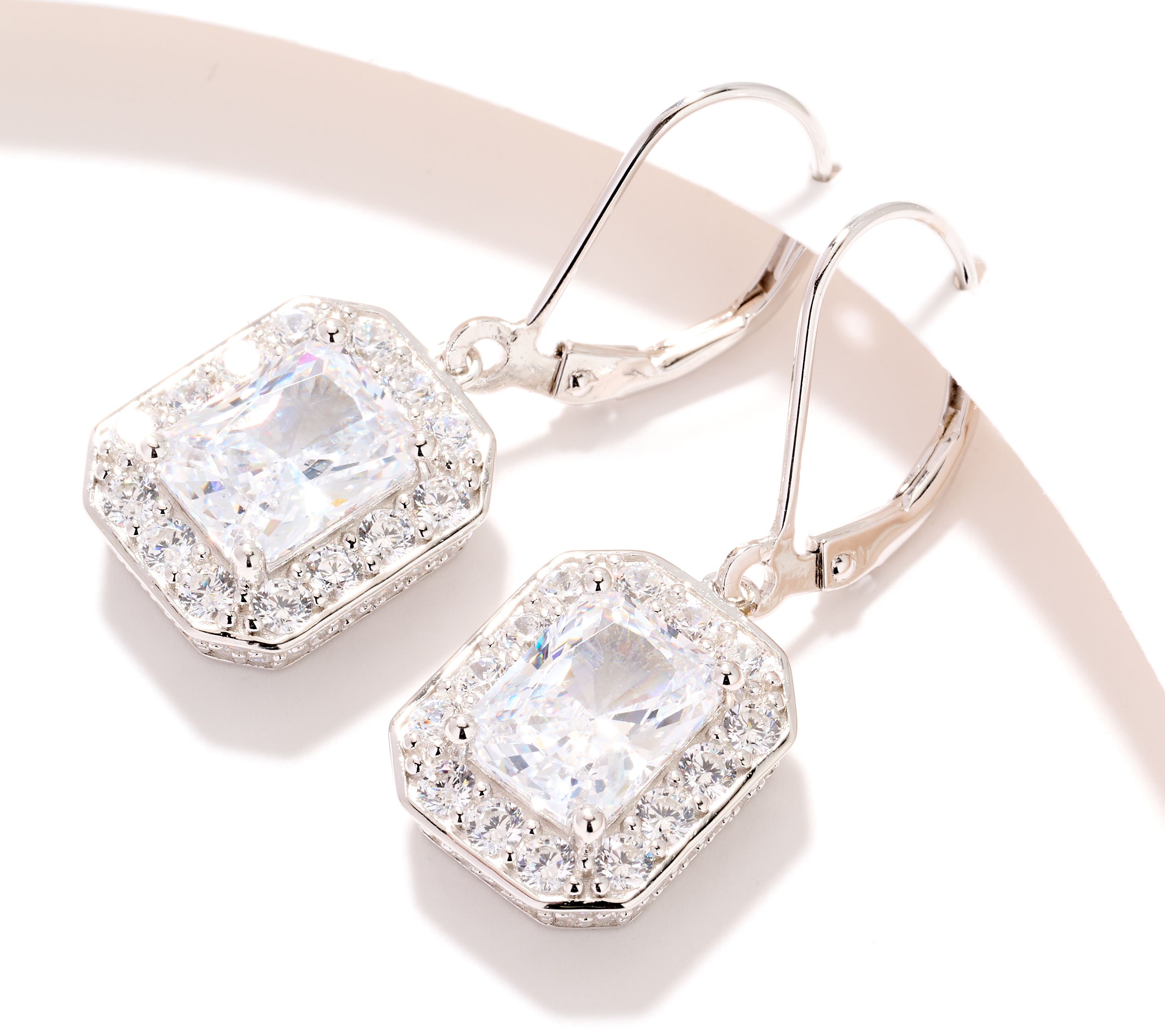 Diamonique x Jennifer Miller Emerald Cut Pave Halo Earrings, Sterl