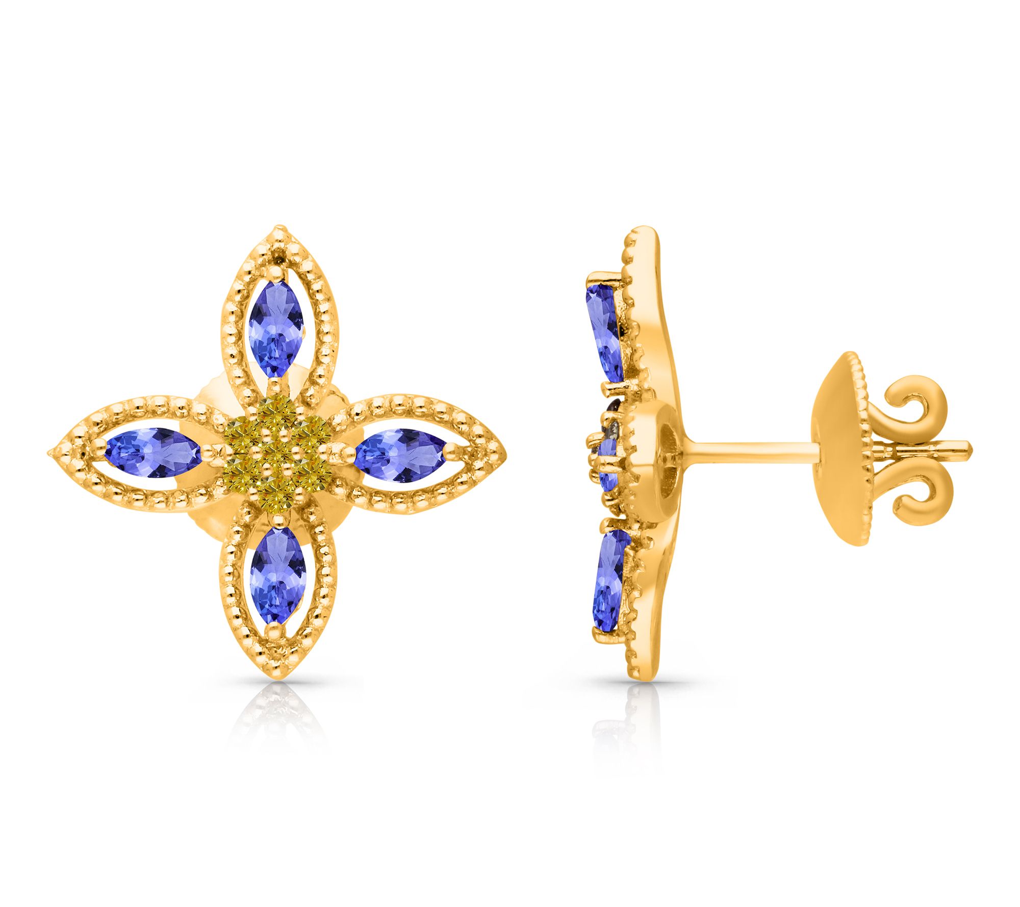 KALLATI Tanzanite & Yellow Diamond Floral Earrings, 14K Gold