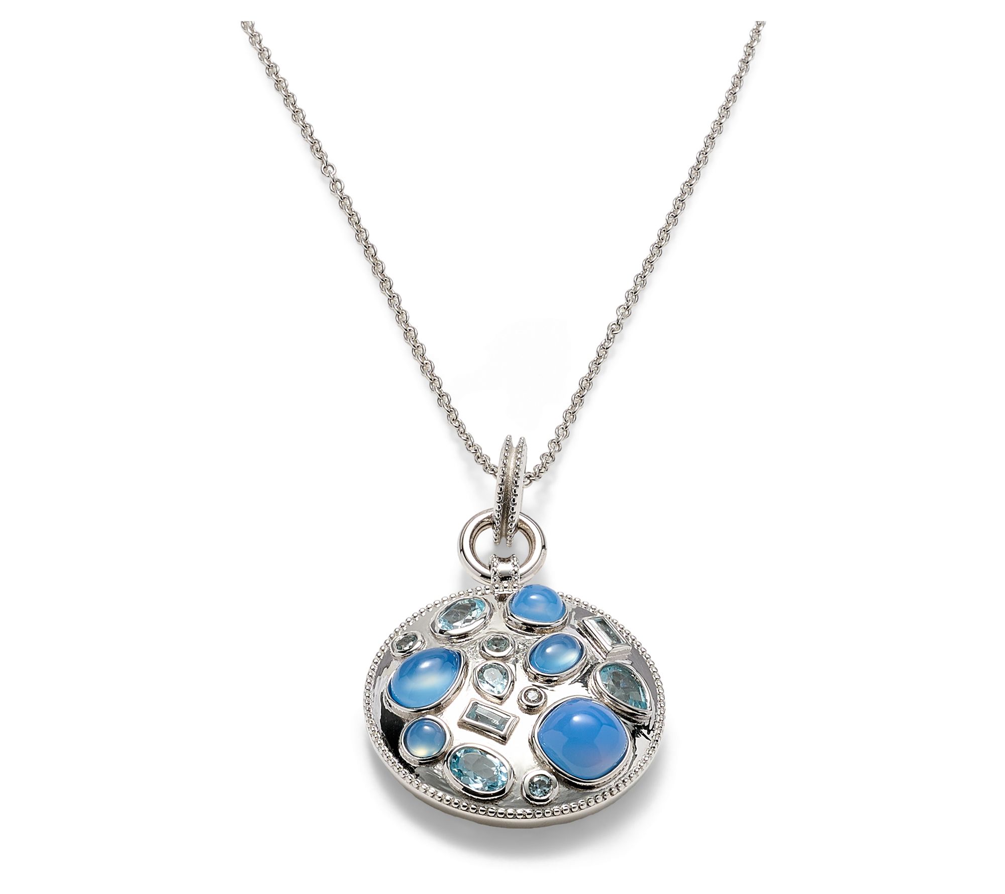 Affinity Gems Cluster Dangle Blue Chalcedony & Topaz Disc Necklace, Sterl