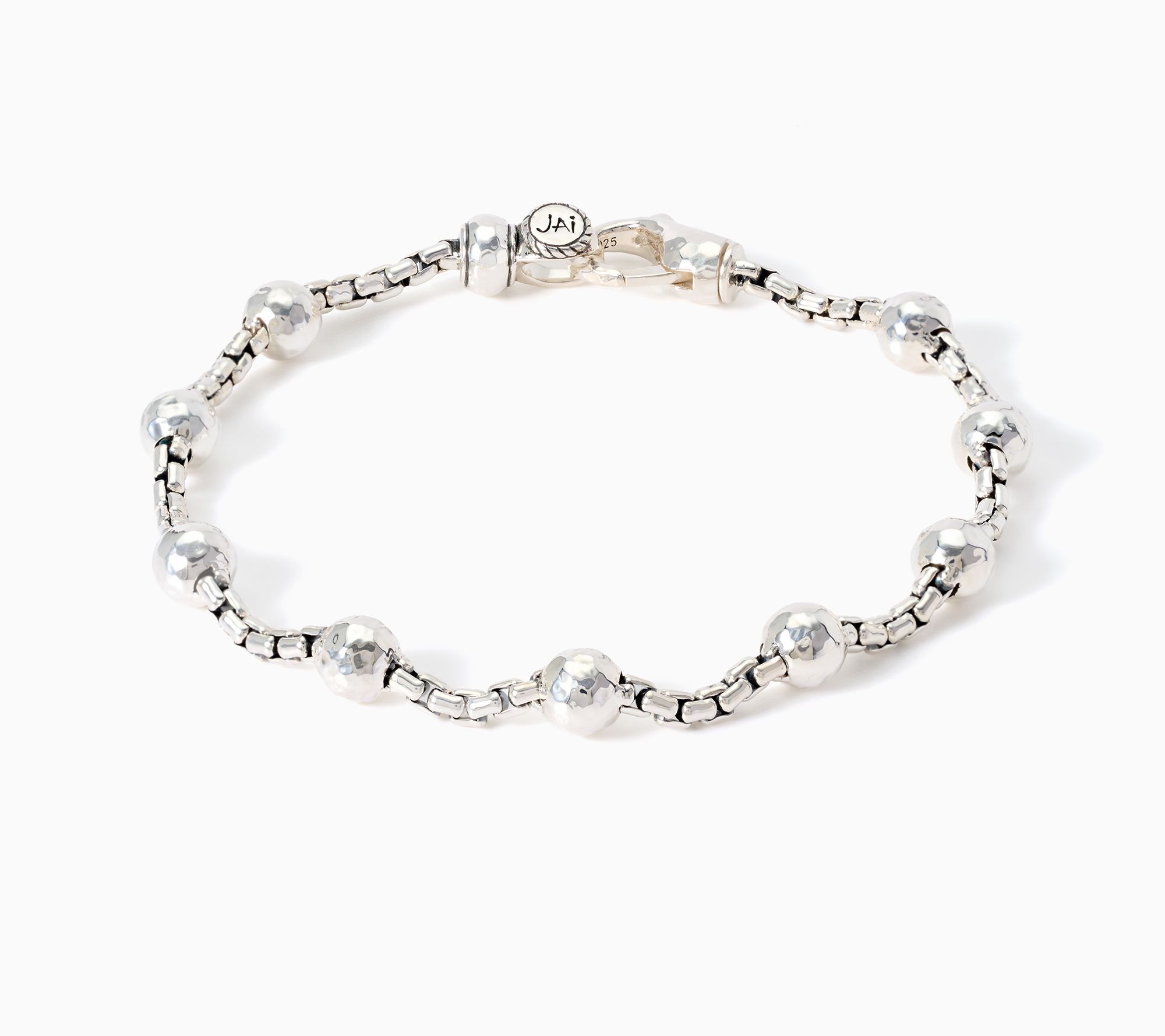 JAI Sterling Silver 2.7mm Box Chain Hammered Bead Bracelet