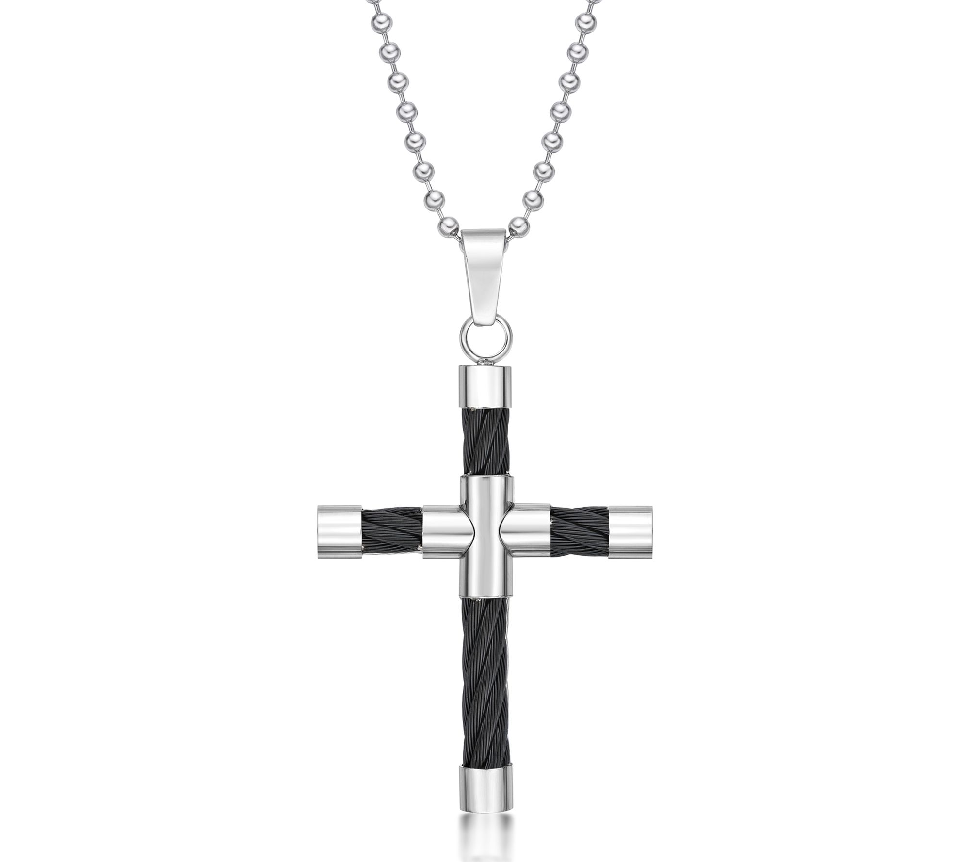 LYNX Men's Stainless Steel Black IP Cable Cross Pendant w/Chain