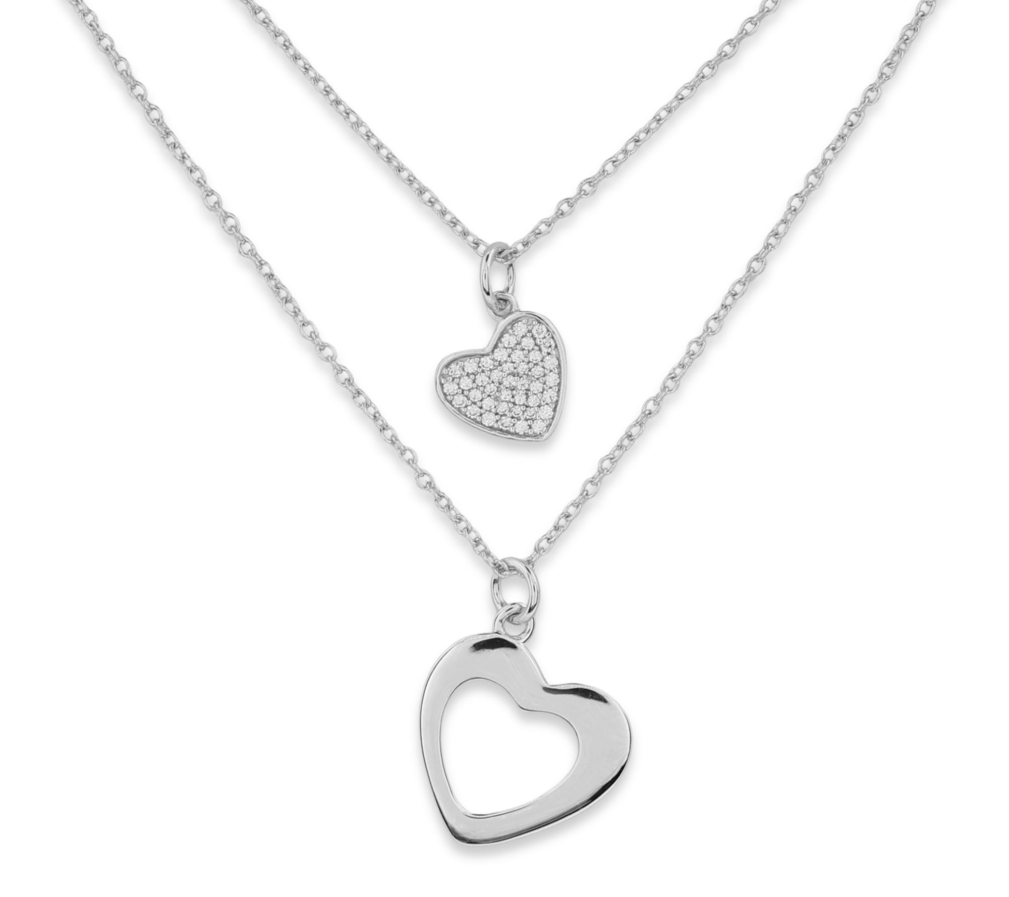Diamonique Set of 2 Heart Pendants w/ Chains, Sterling