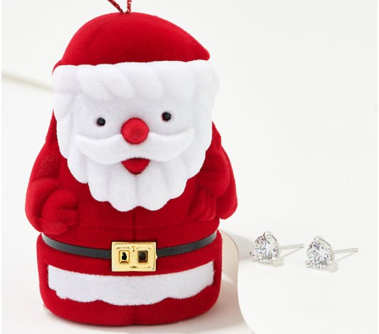 Diamonique Round Cut 3-Prong Set Stud Earrings W/ Santa Box