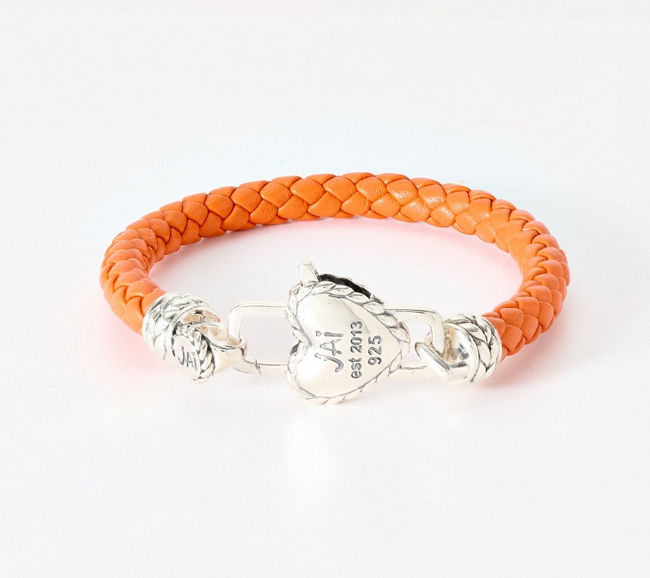 JAI Sterling Silver Heart Lock Leather Tag Bracelet, 10.0g