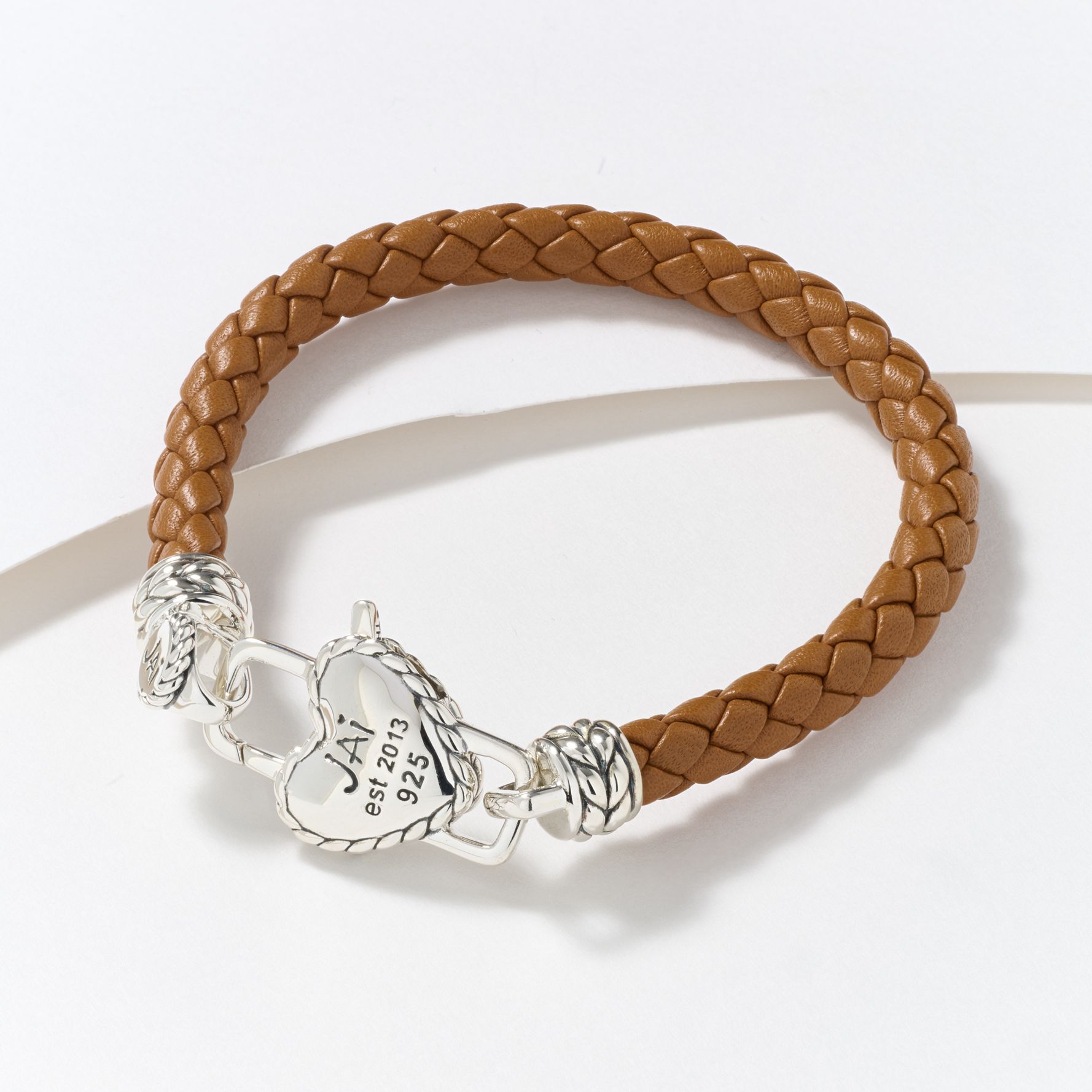 JAI Sterling Silver Heart Lock Leather Tag Bracelet, 10.0g