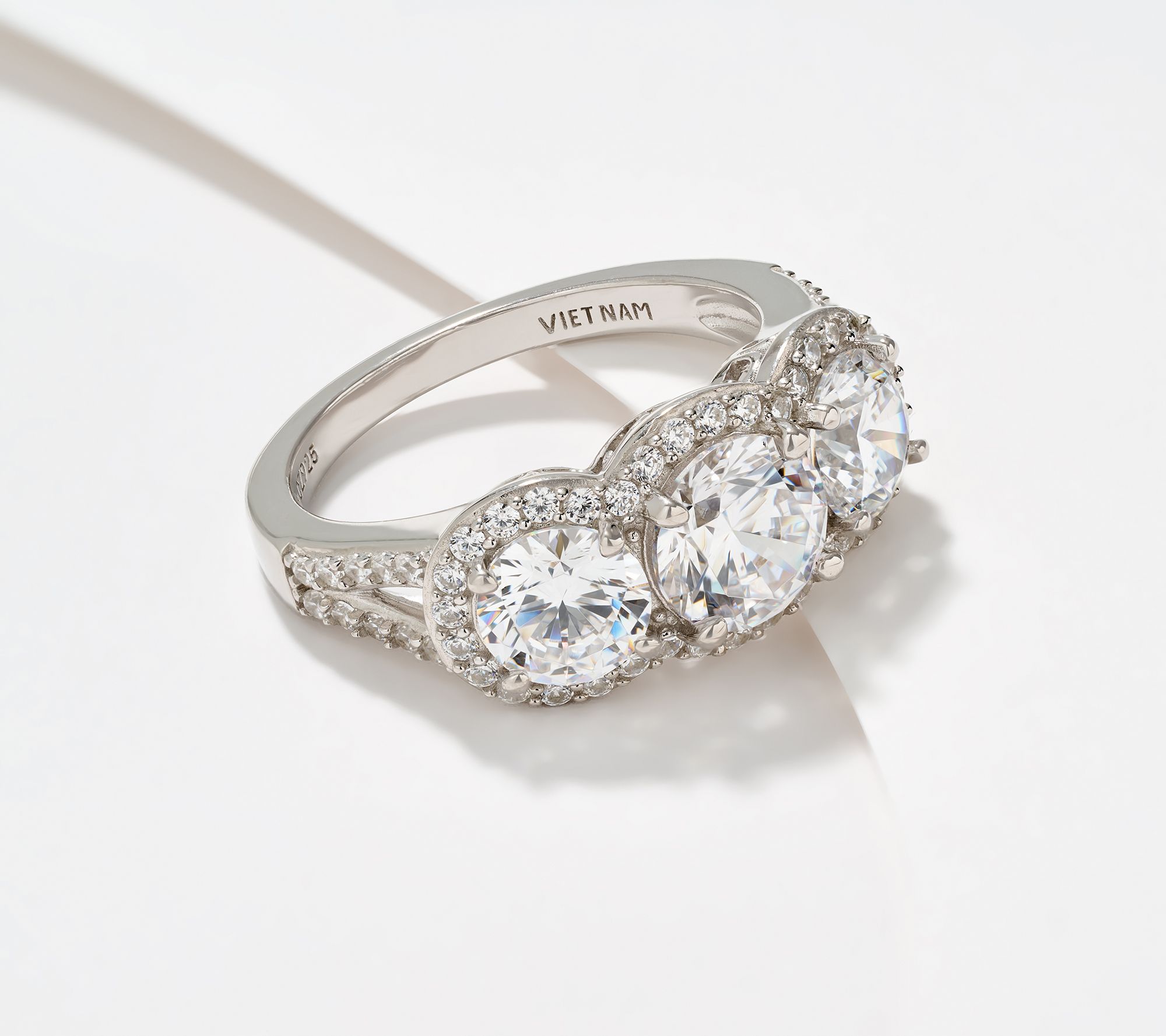 Diamonique Classics 3-Stone Halo Ring, Sterling Silver