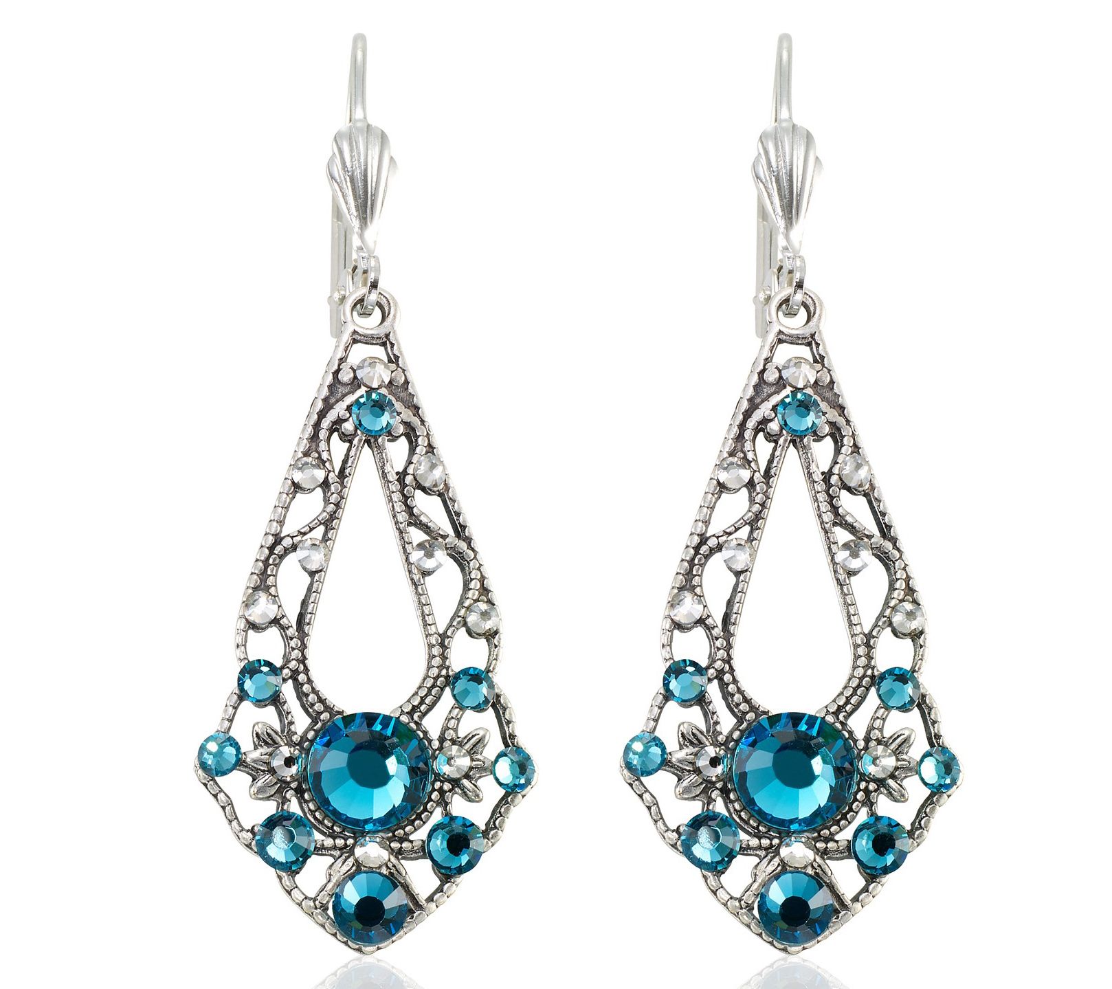 Anne Koplik Teal Crystal Filigree Pointed Pendulum Earrings