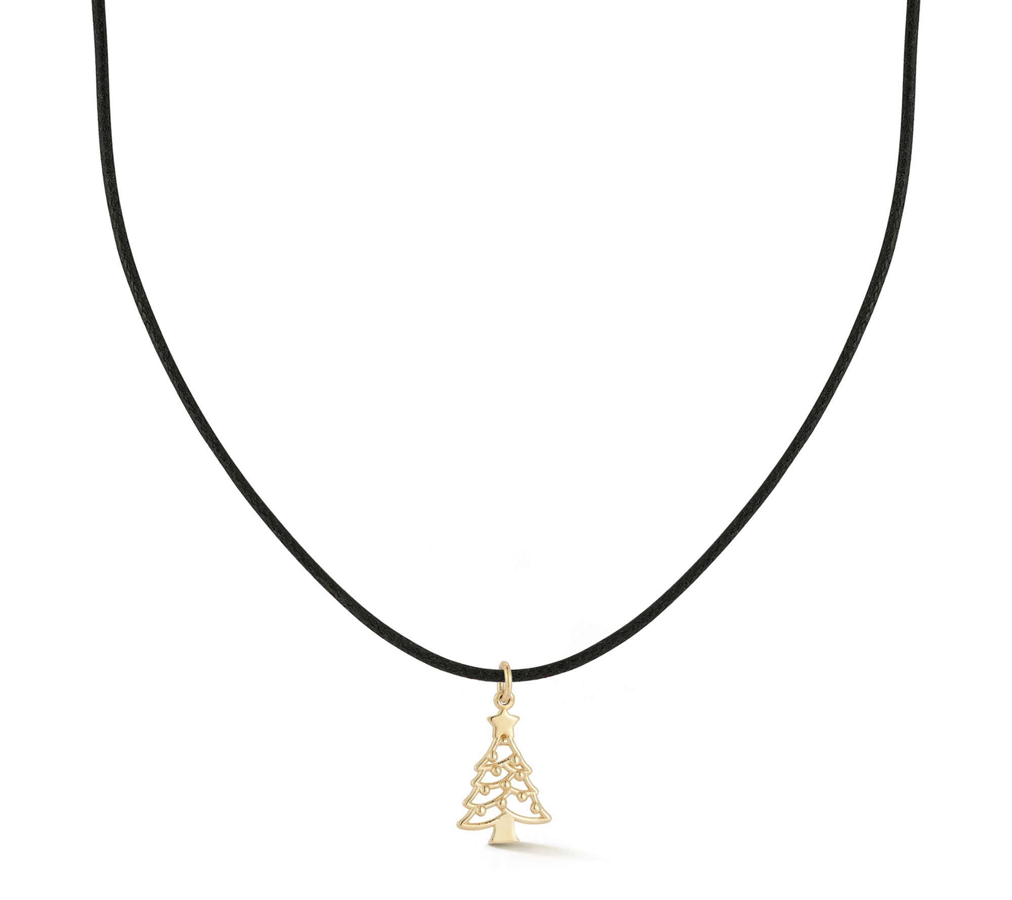 Italian Gold Christmas Tree Pendant w/ Black Cord Chain, 14K