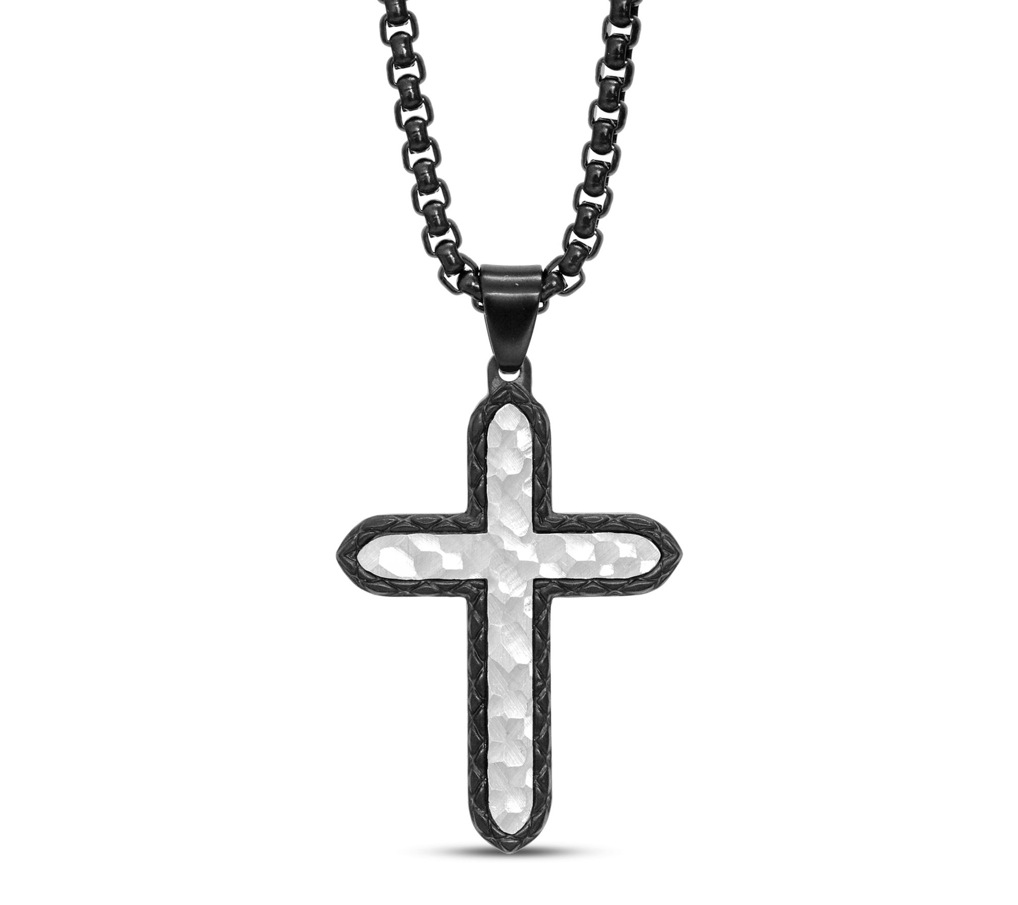 LYNX Stainless Steel Black IP Hammered Cross Pendant w/ Chain