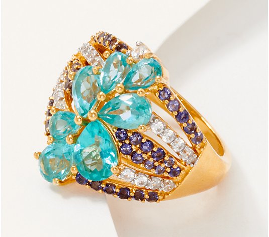 Affinty Gems Paraiba Colored Apatite, Iolite & White Zircon Ring 14K Plated
