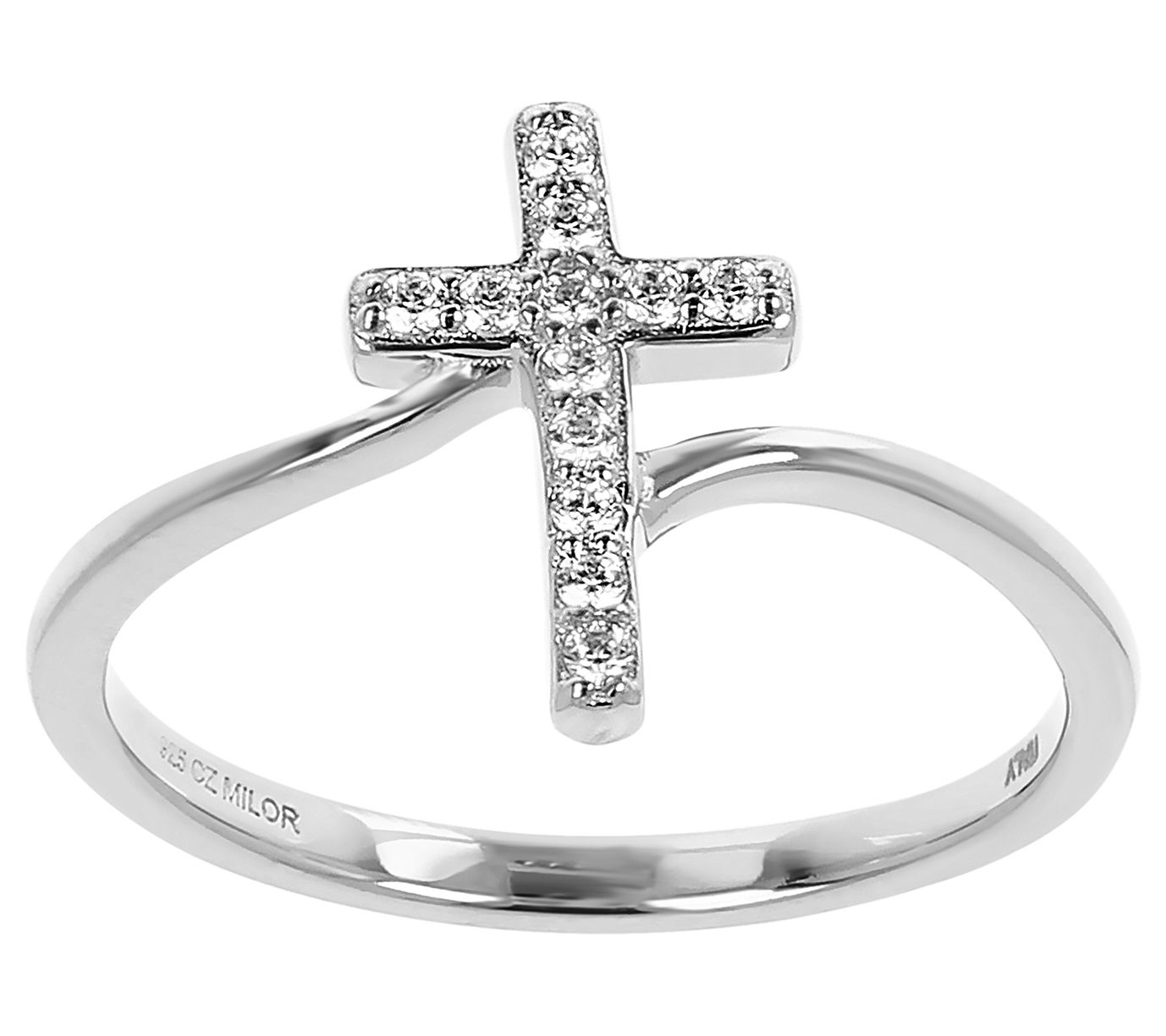 Diamonique Bypass Design Cross Ring, Sterling Silver