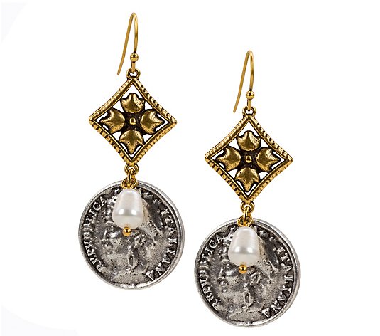 Patricia Nash Cultured Pearl & World Coin Italiana Earrings