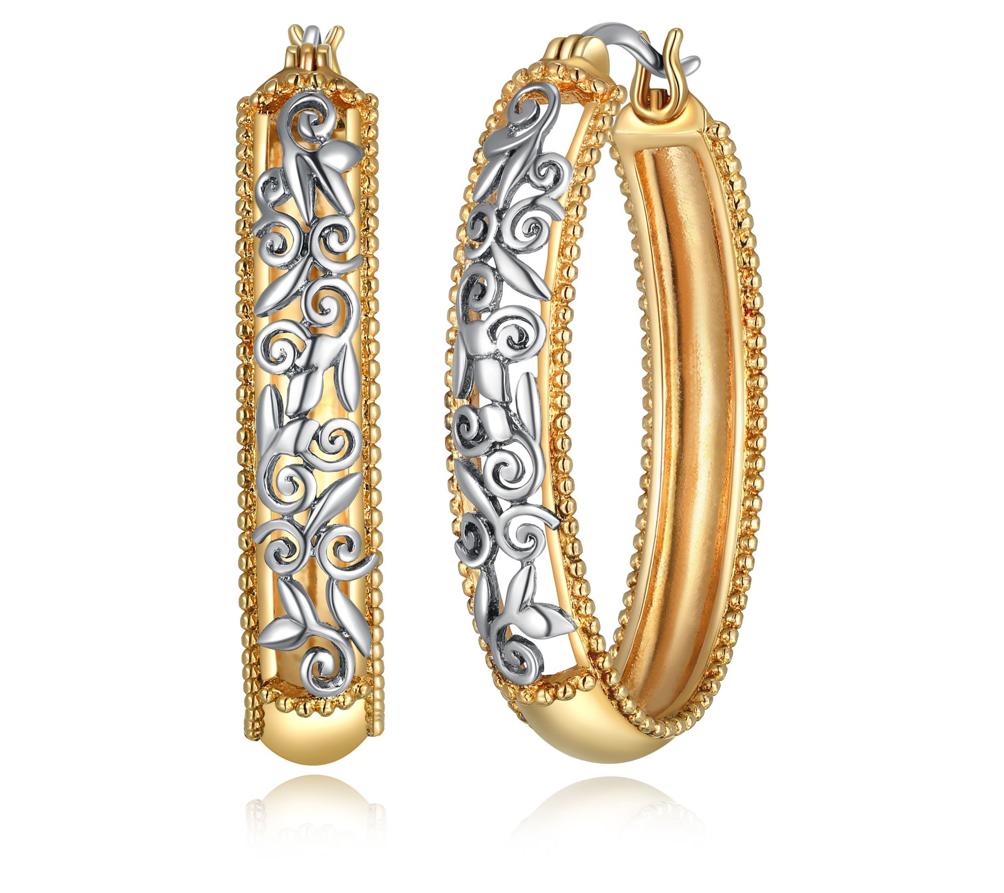 Silver Style Two-Tone Filigree Cut Out Hoop Earrings, Sterling