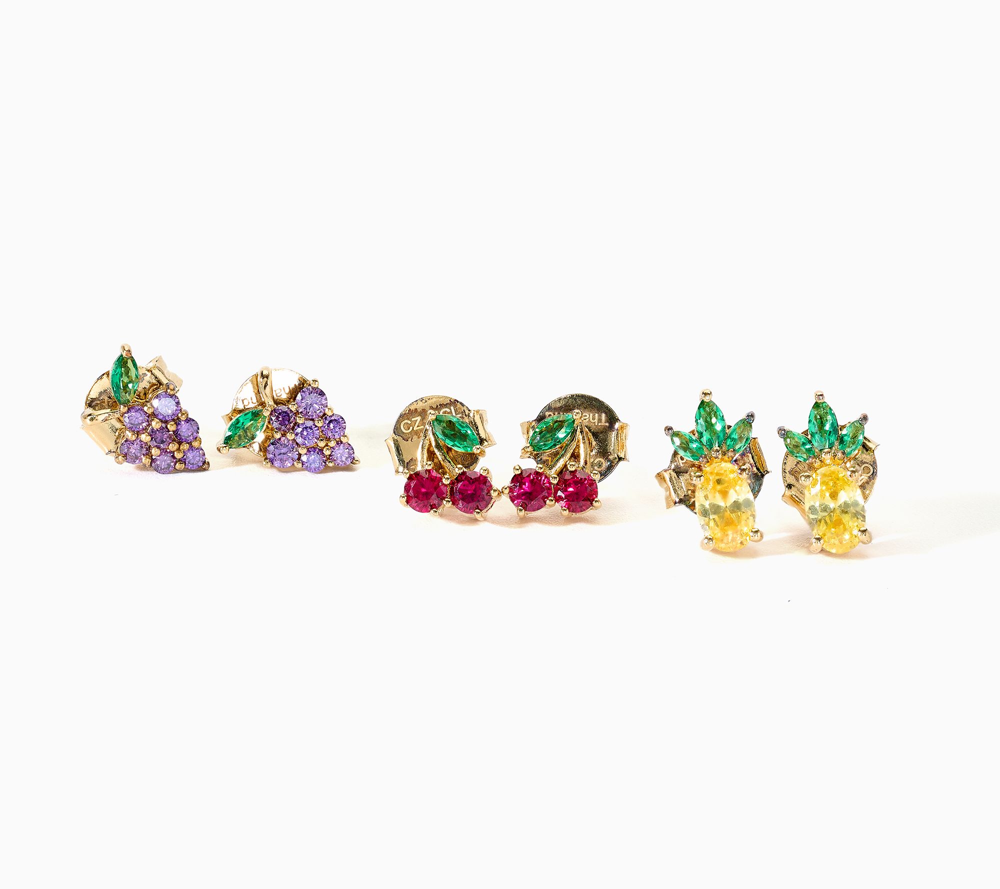 Diamonique Set Set of 3 Fruit Bowl Stud Earrings, Brass
