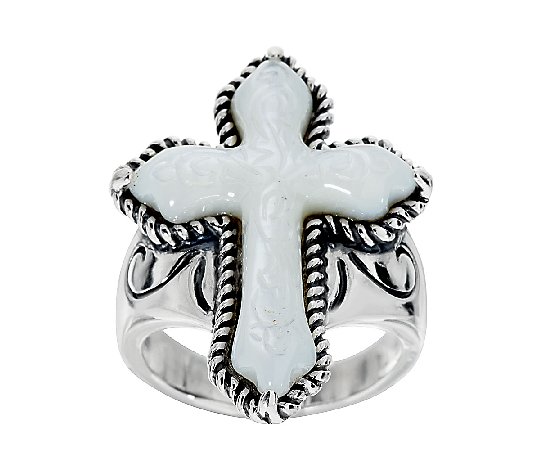 American West Carved Mother-of-Pearl Sterling Cross Ring