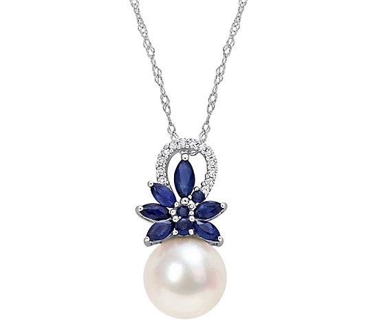 Bellini Cultured Pearl & Sapphire Pendant w/ Chain, 14K Gold