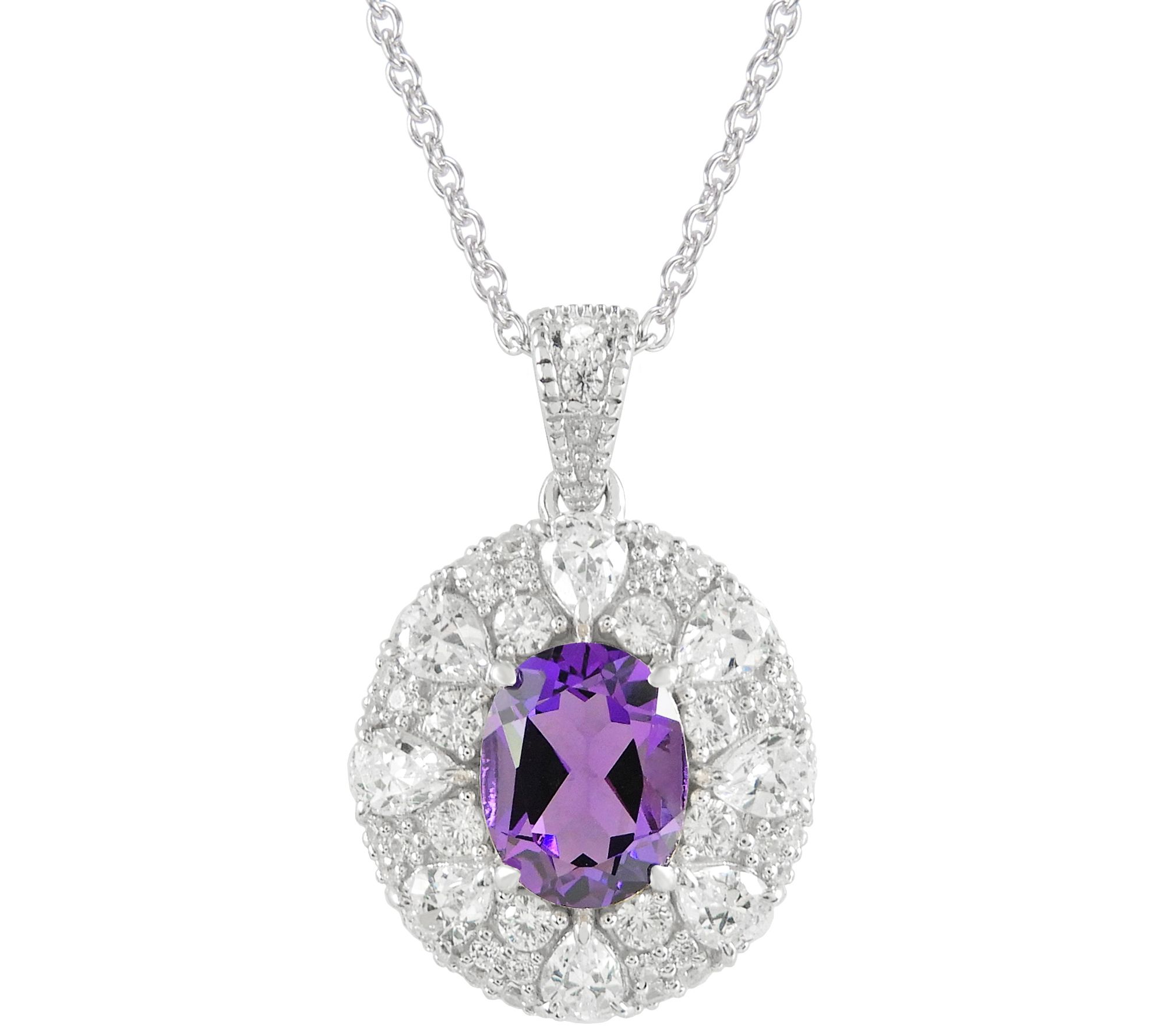 Diamonique Simulated Gemstone Oval Pendant w/ C hain, Sterling