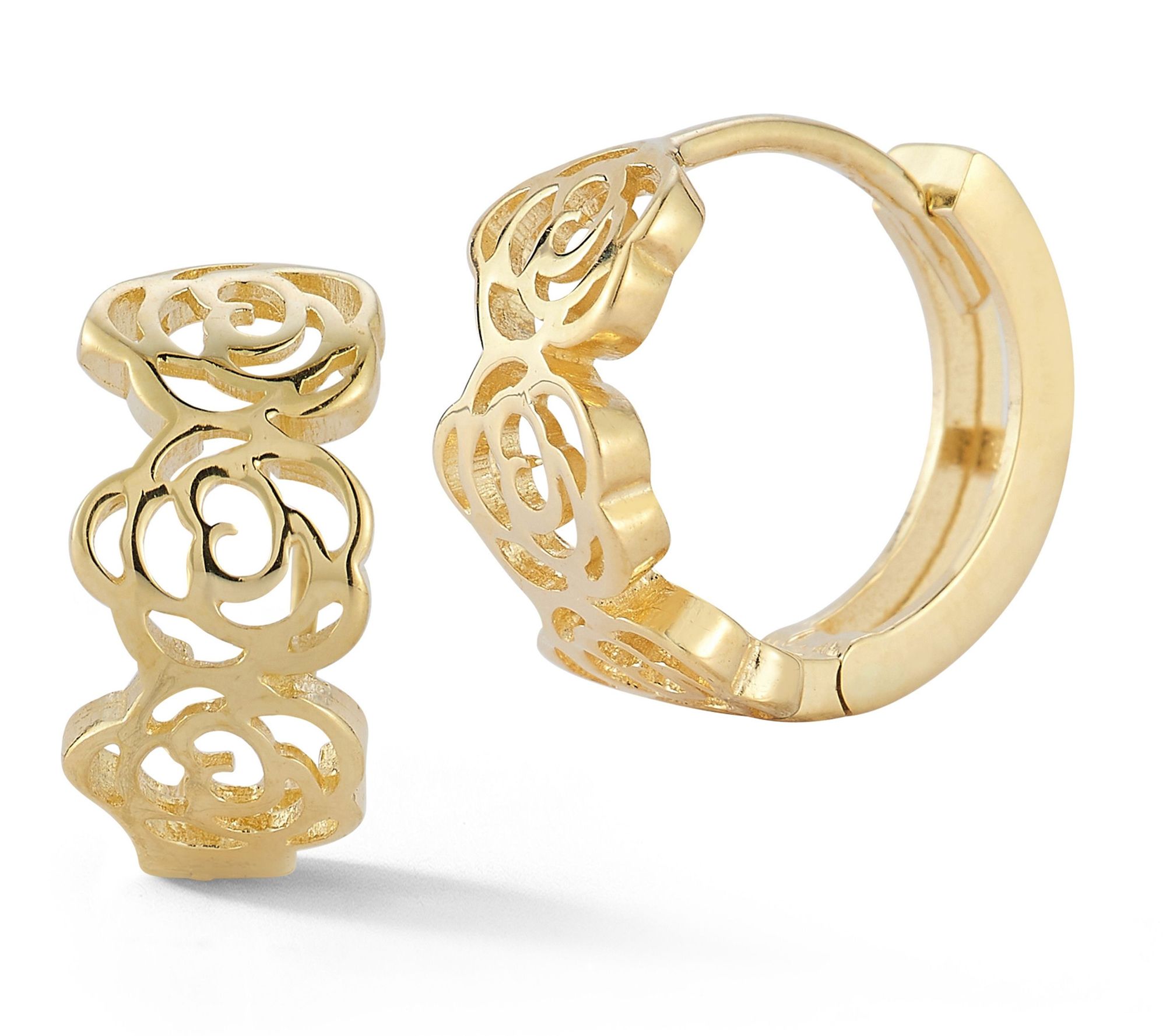 Luminosa Gold Open Work Rose Huggie Hoop Earrings, 14K