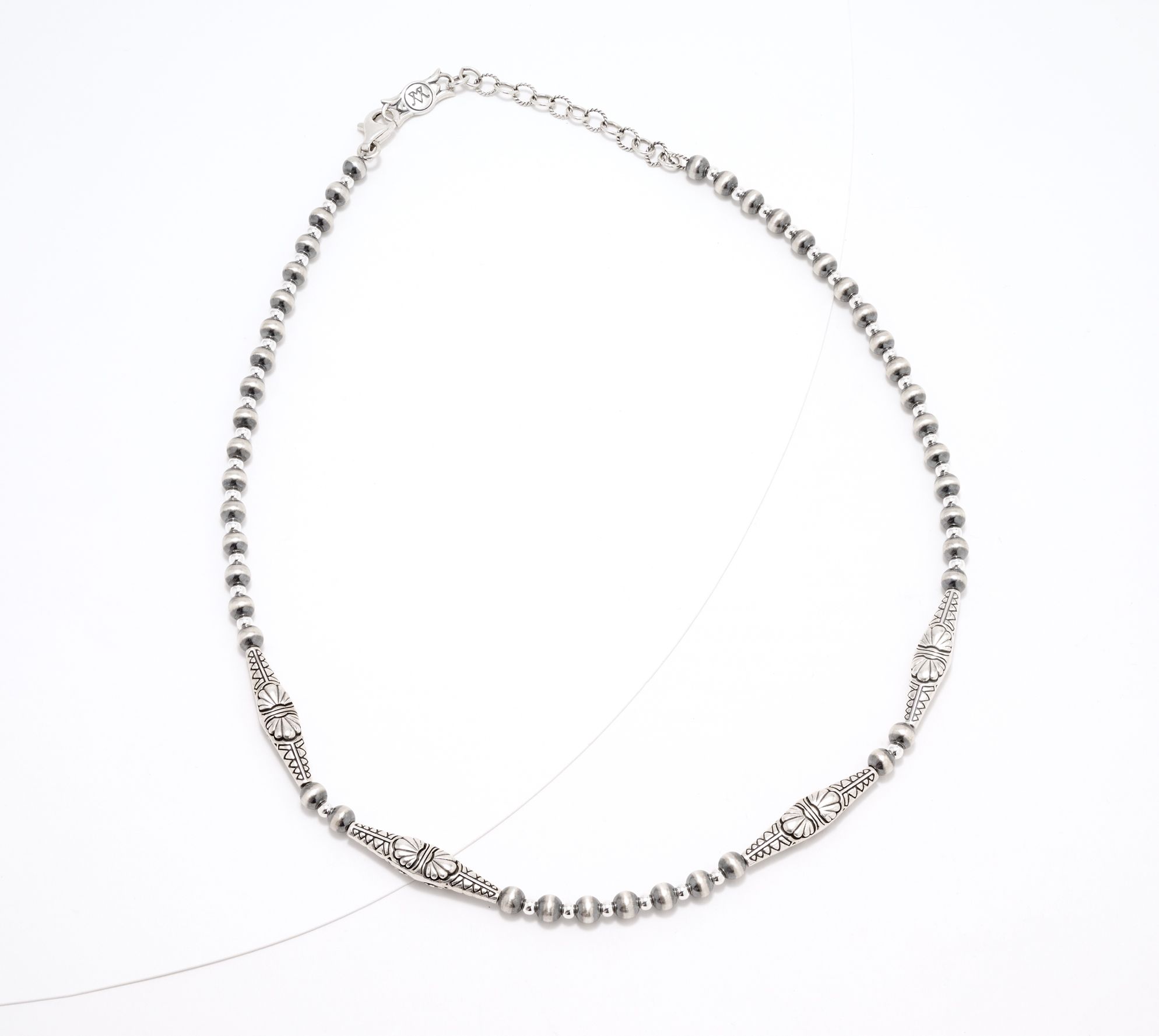 American West Sterling Bead & Tapered Concha 17" Bar Station Necklace, 24.0g
