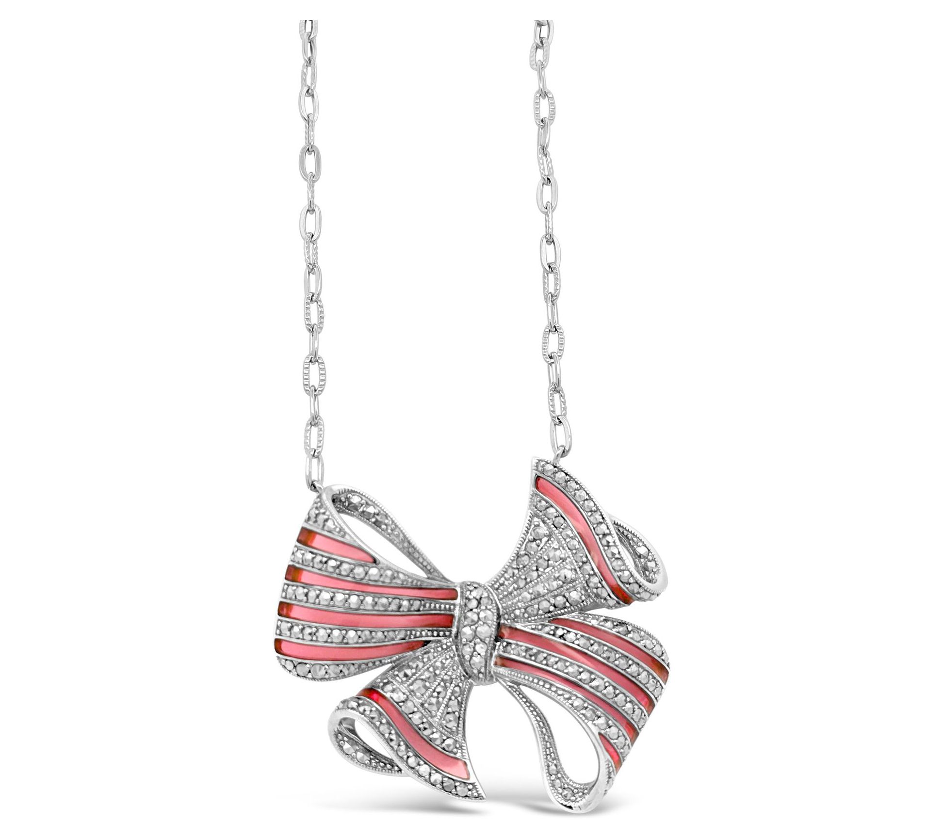 Dallas Prince Marcasite & Pink Enamel Bow Necklace, Sterling