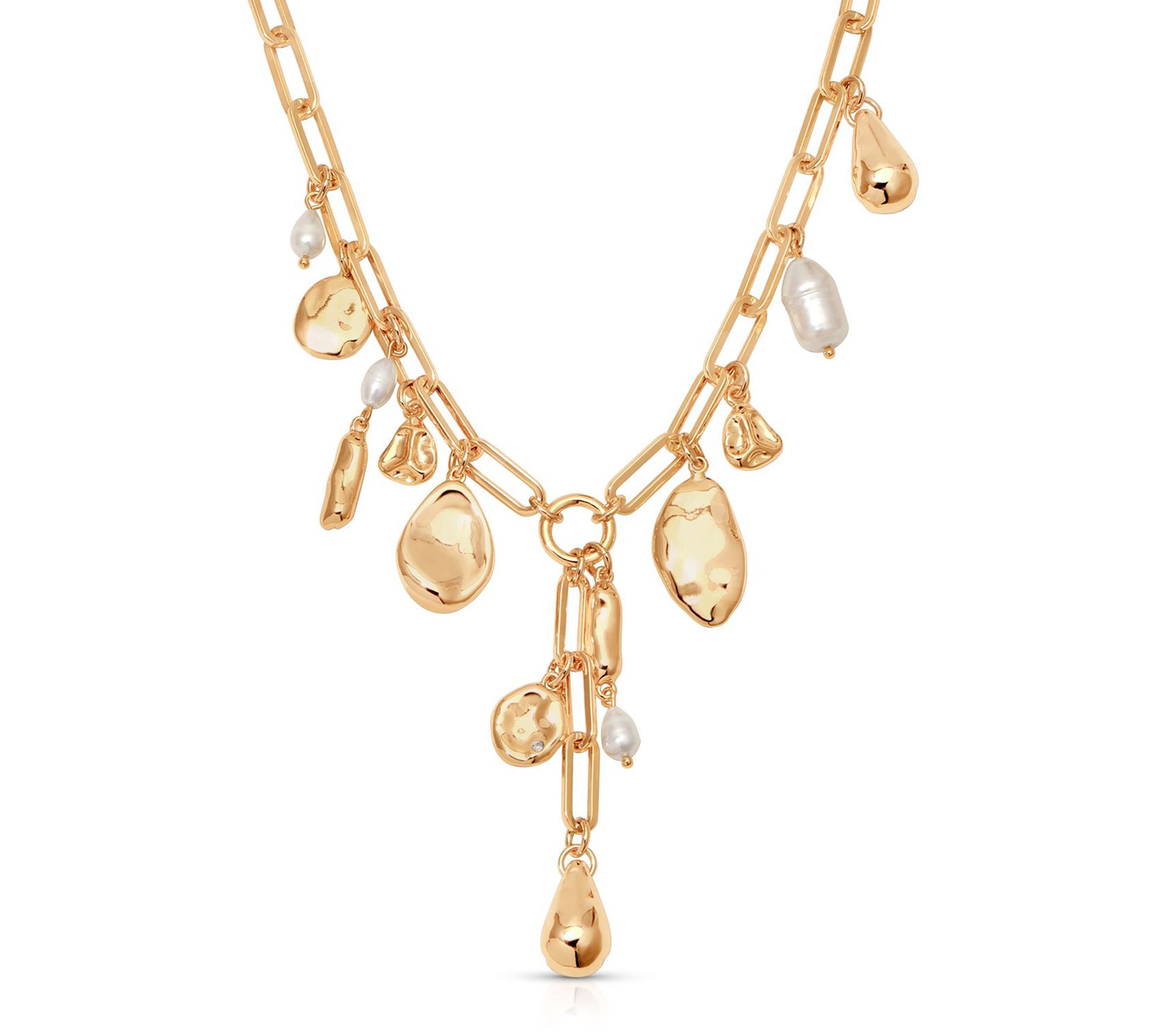 Ettika Cultured Pearl Melting Metal Charm Lariat Necklace