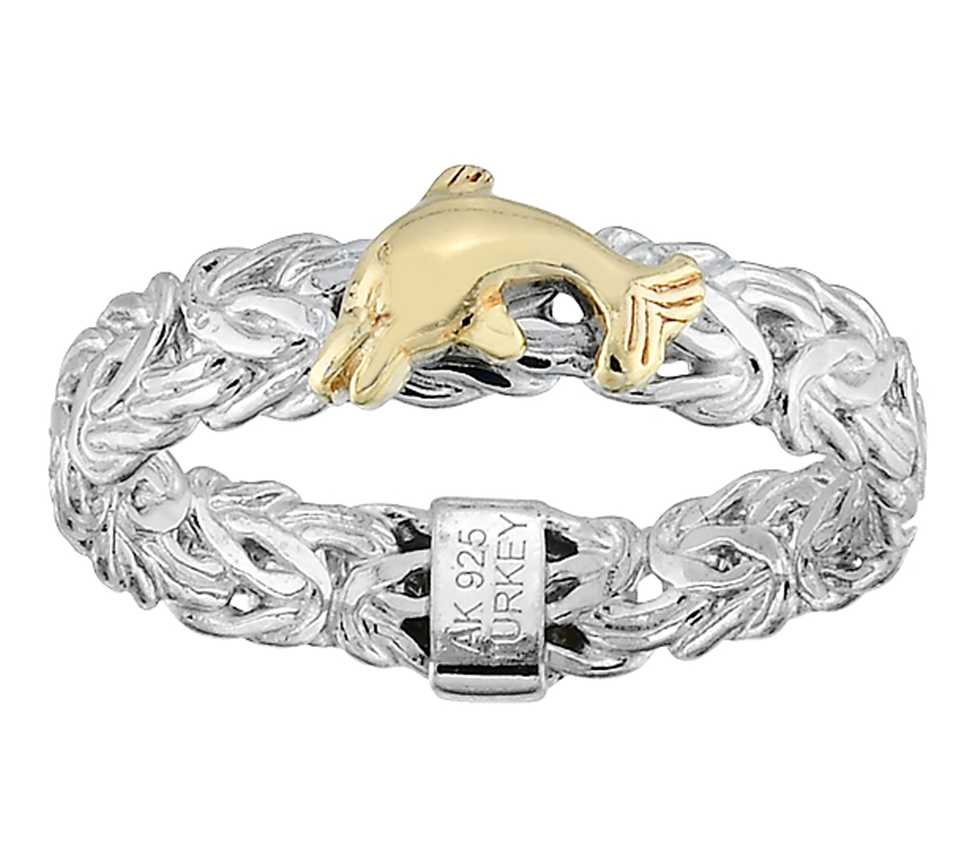 Silver Style Tw o-Tone Dolphin Design Byzantin e Ring, Sterlin