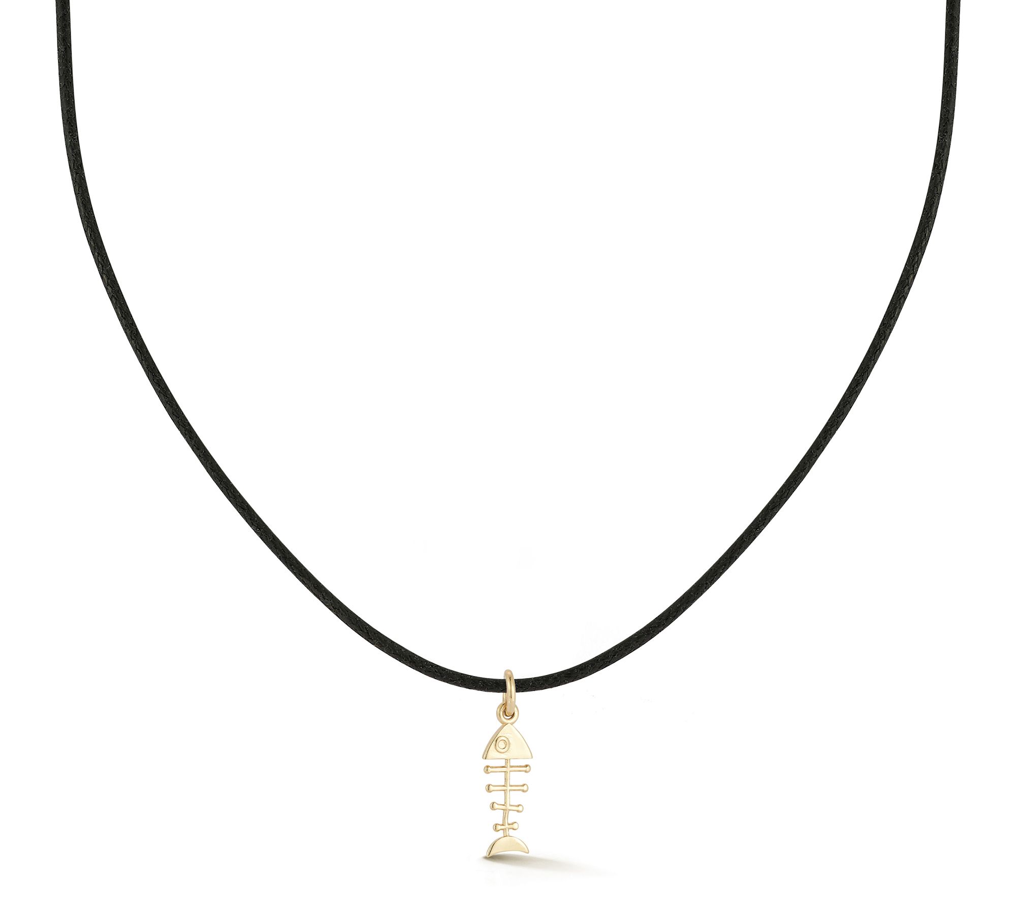 Italian Gold Fishbone Pendant w/ Black Cord Chain, 14K