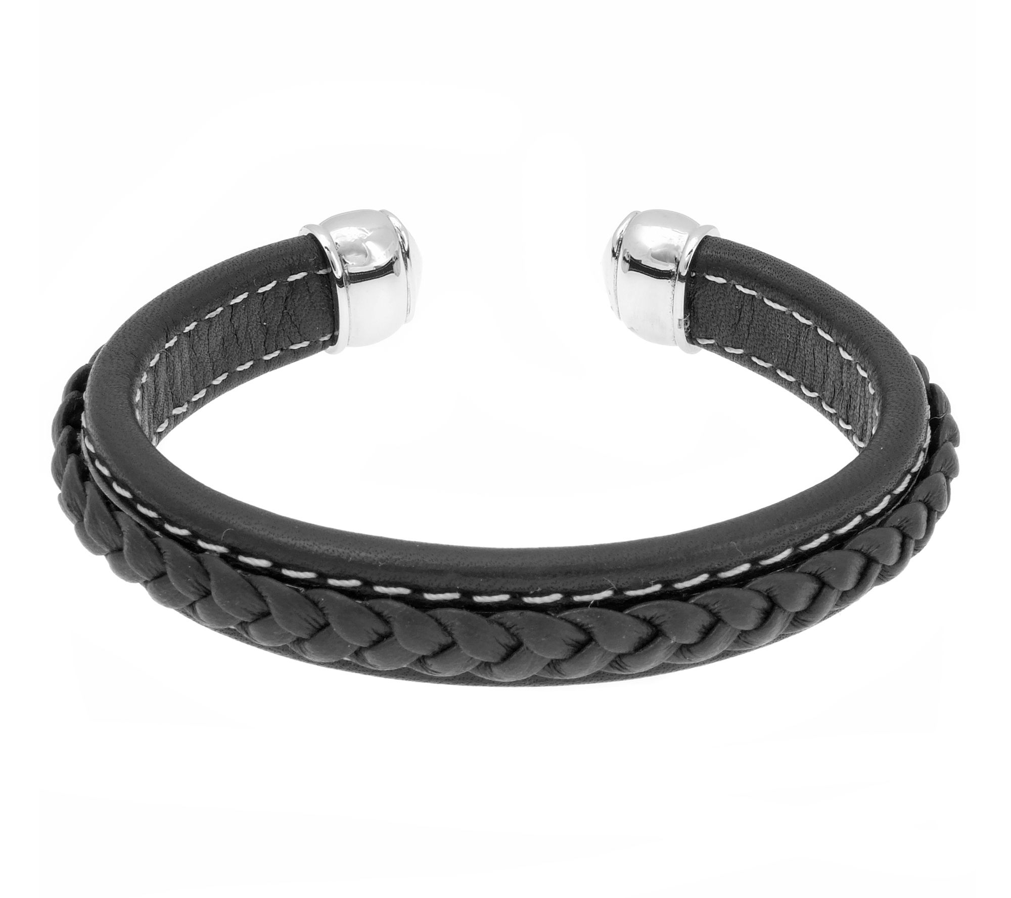 LYNX Men's Stainless Steel & Black Braided Leather Cuff Bangle