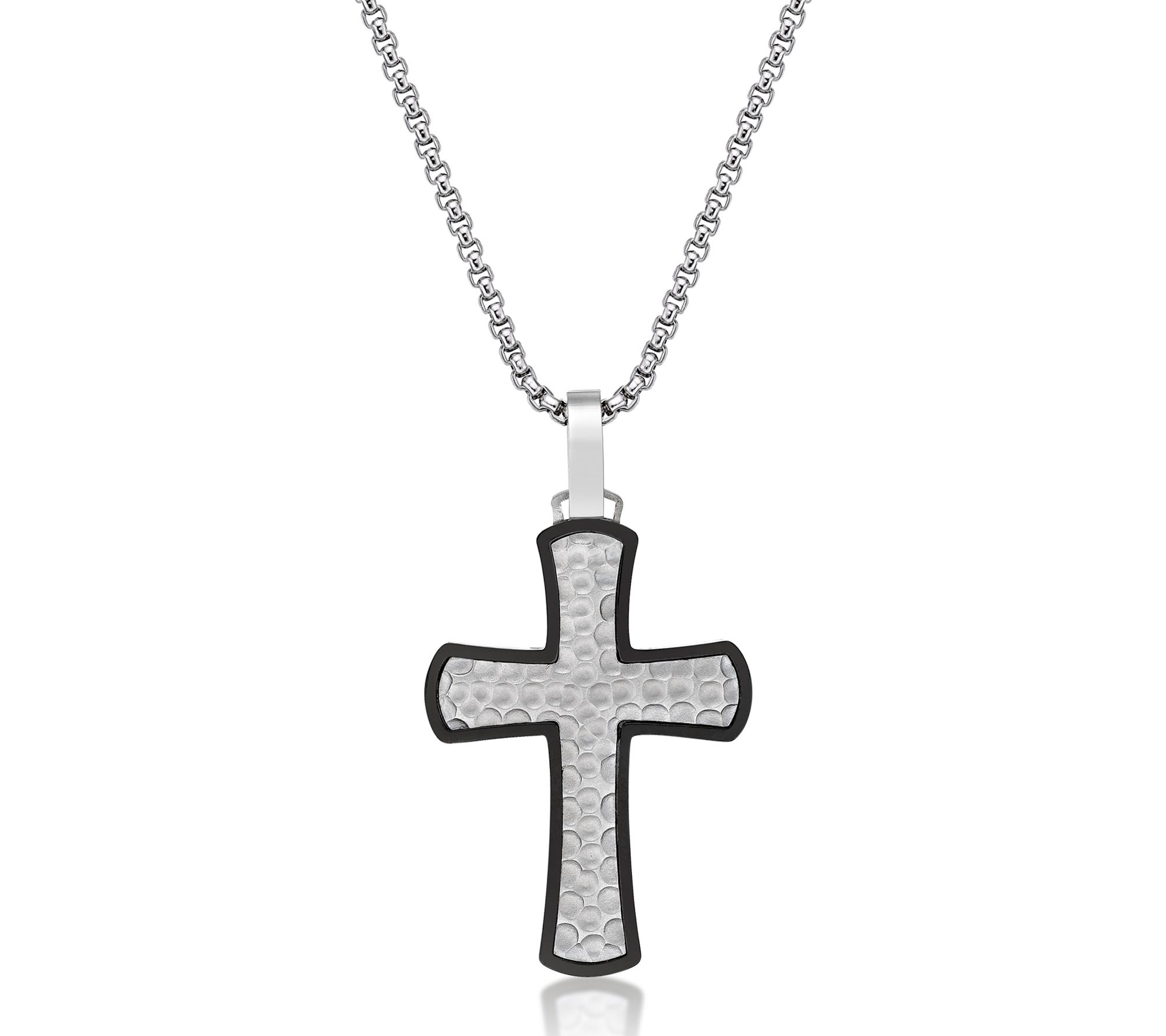 LYNX Men's Stainless Black IP Hammered Cross Pendant w/ Chain