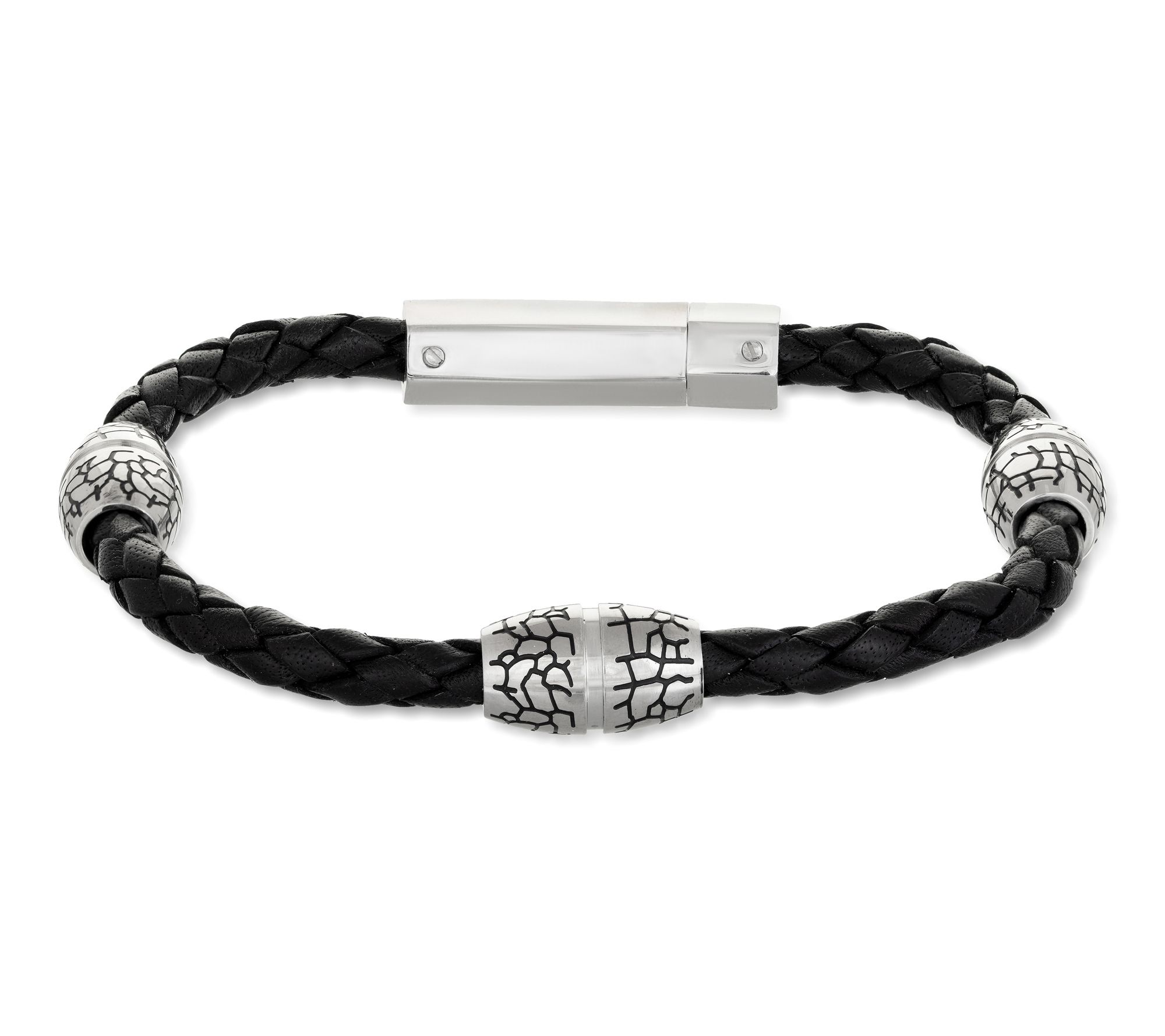 LYNX Men's Stainless Steel Accent Black LeatherBracelet