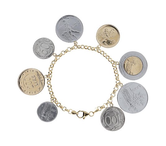 Italian Gold 7-3/4" Lire Coin Charm Bracelet, 14K