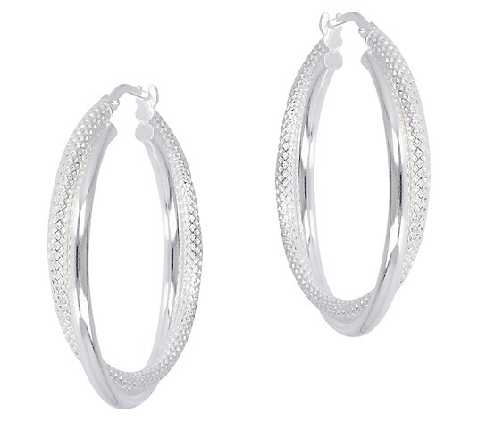 Italian Silver 1-1/4" Round Polished & Textured Hoop Earrings