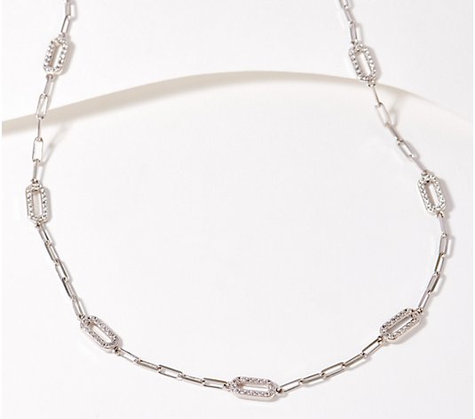 Diamonique Paperclip Pave Station Necklace, Sterling Silver