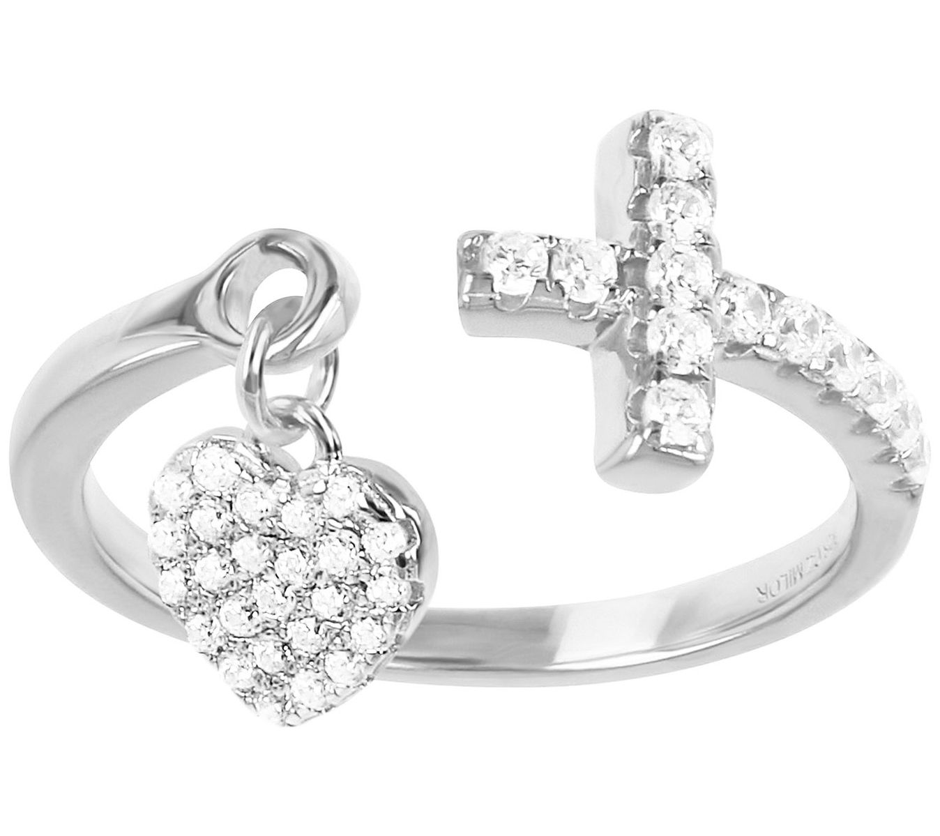 Diamonique 0.30 cttw Heart & Cross Cuff Ring, S terling Silver