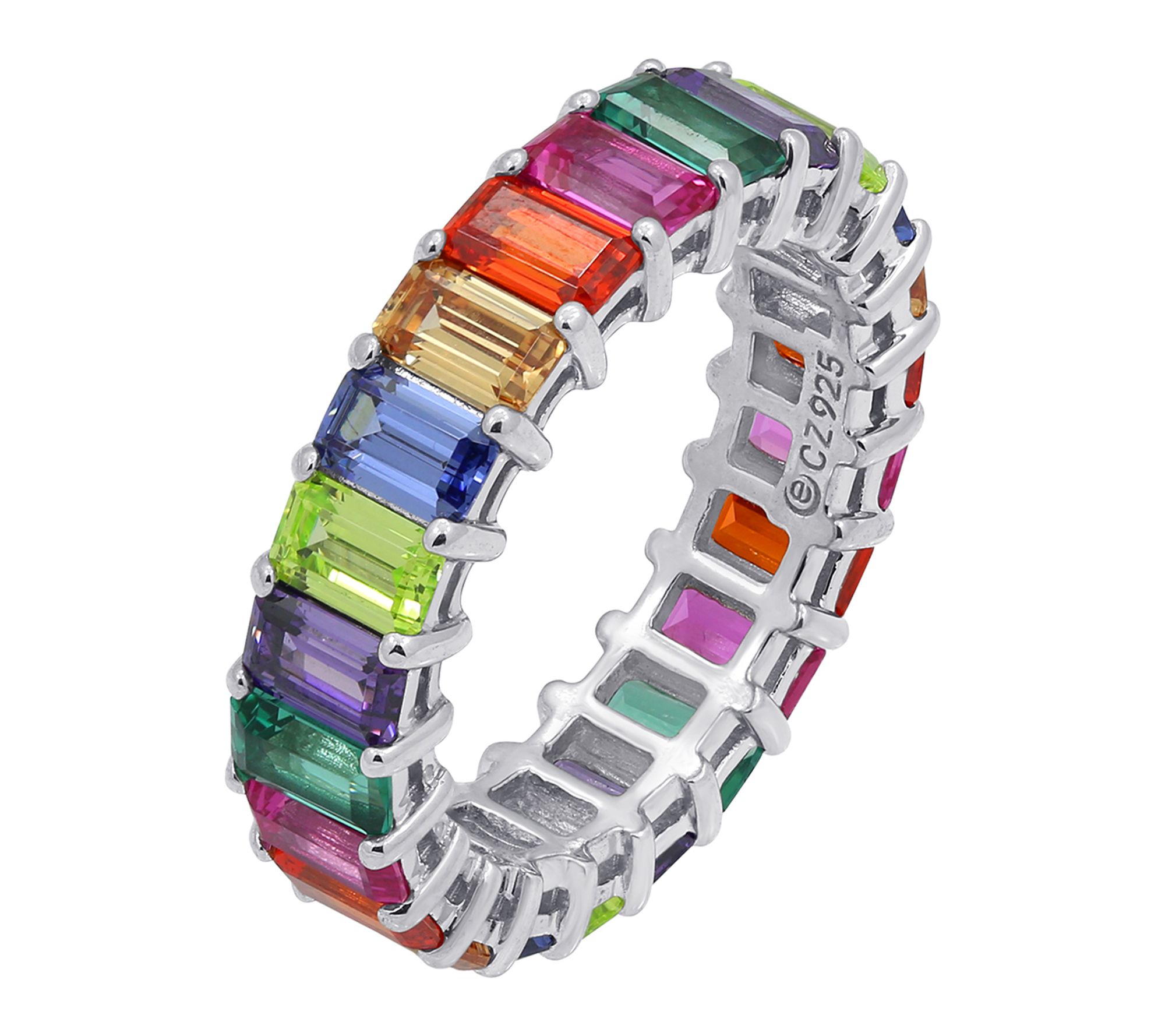 Diamonique Rainbow Emerald Cut Eternity Ring, Sterling Silver