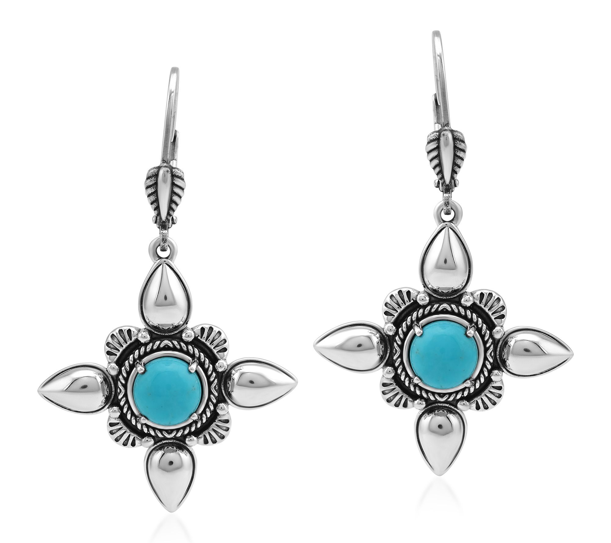 American West Sterling Round Gemstone Pear Leve r Back Earrings
