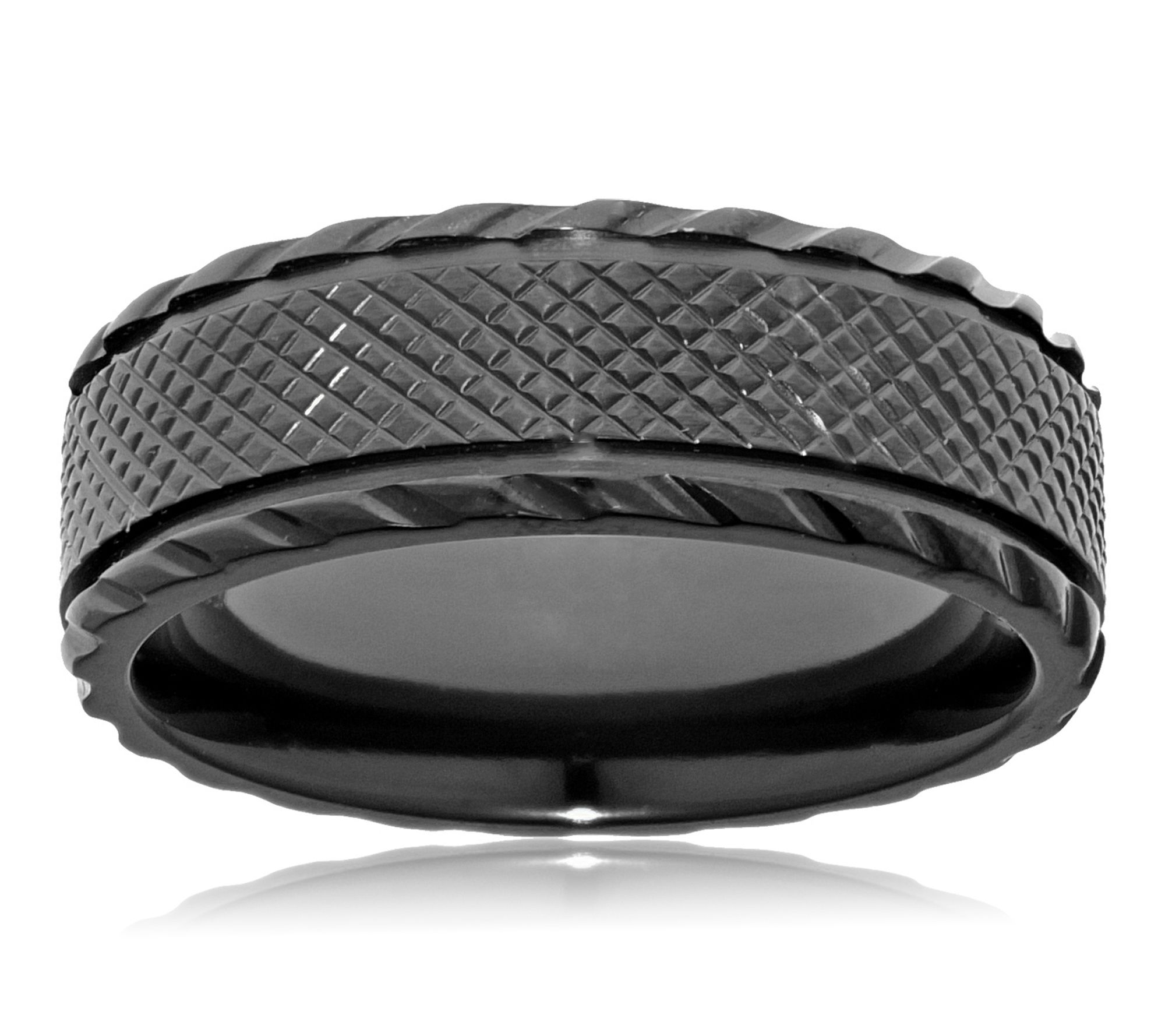LYNX Men's Stainless Black Zirconium Tile Pattern Ribbed Ring