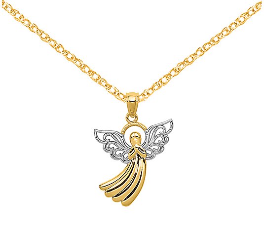 14K Gold Two-Tone Filigree Angel Pendant with Chain